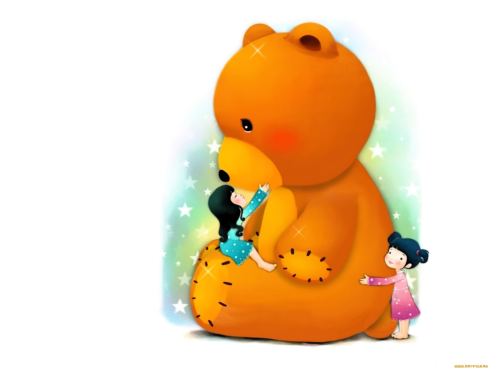 рисованное, дети, мишка, девочки