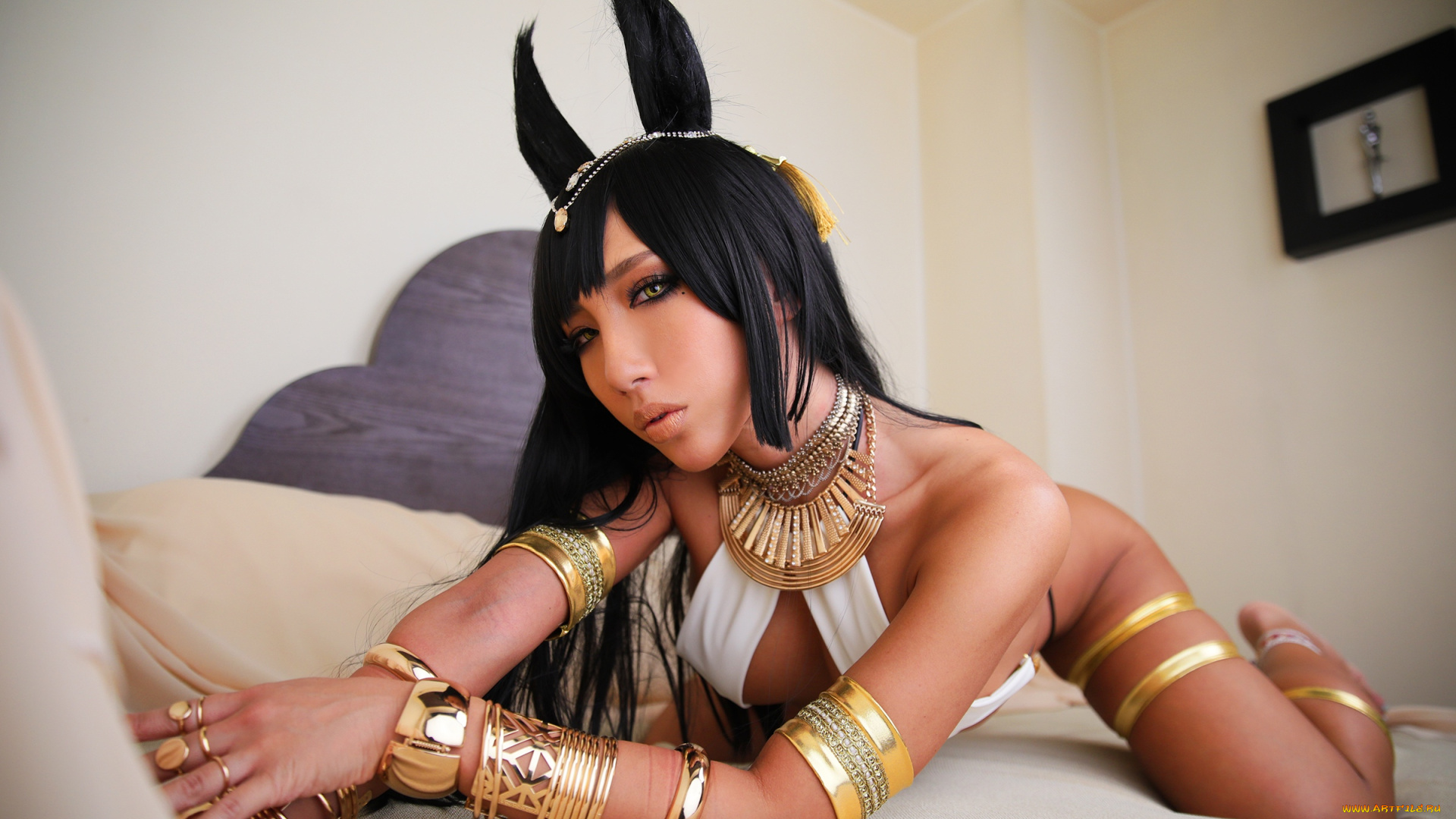 девушки, nonsummerjack, косплей, образ, наряд, ушки, украшения, кровать