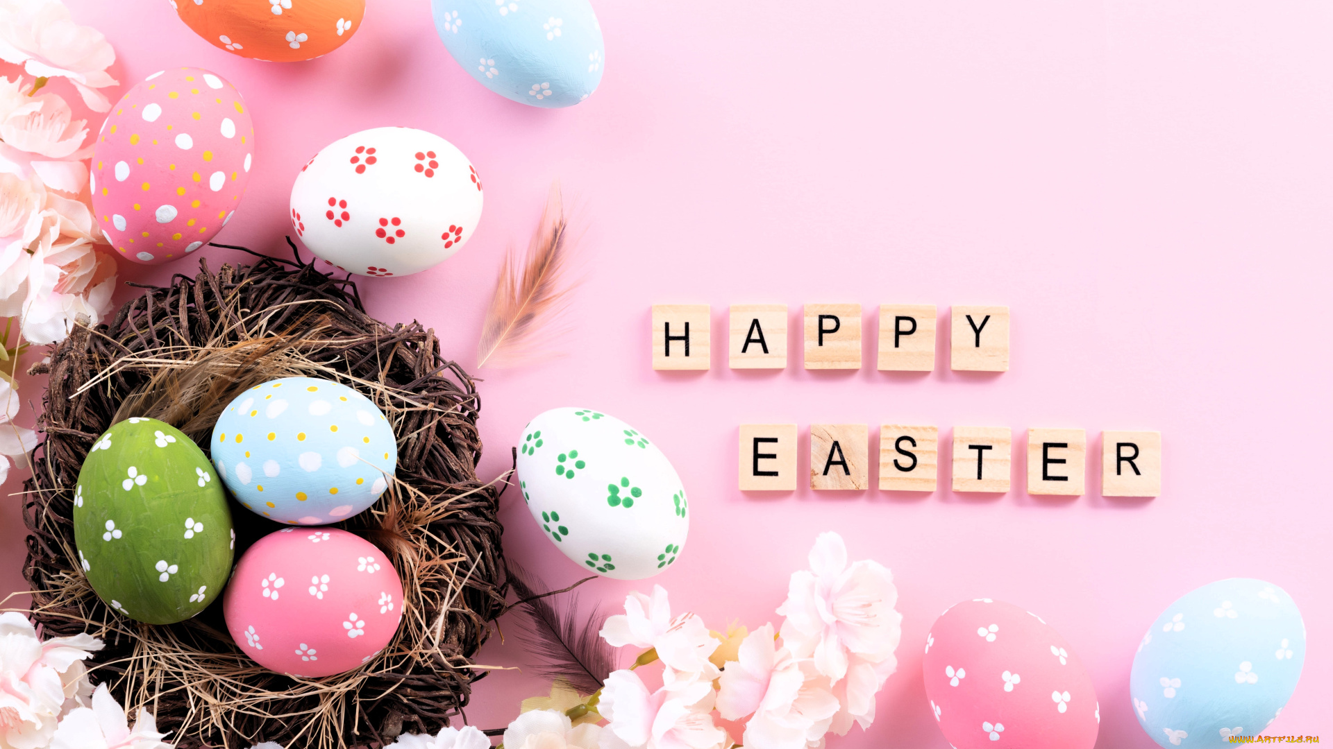 праздничные, пасха, гнездо, яйца, цветы