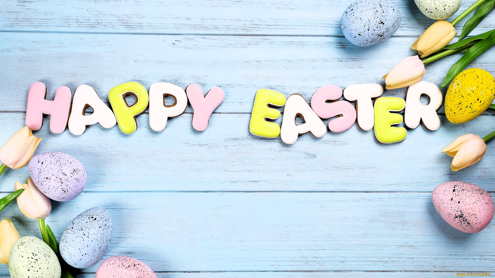 праздничные, пасха, яйца, тюльпаны, поздравление