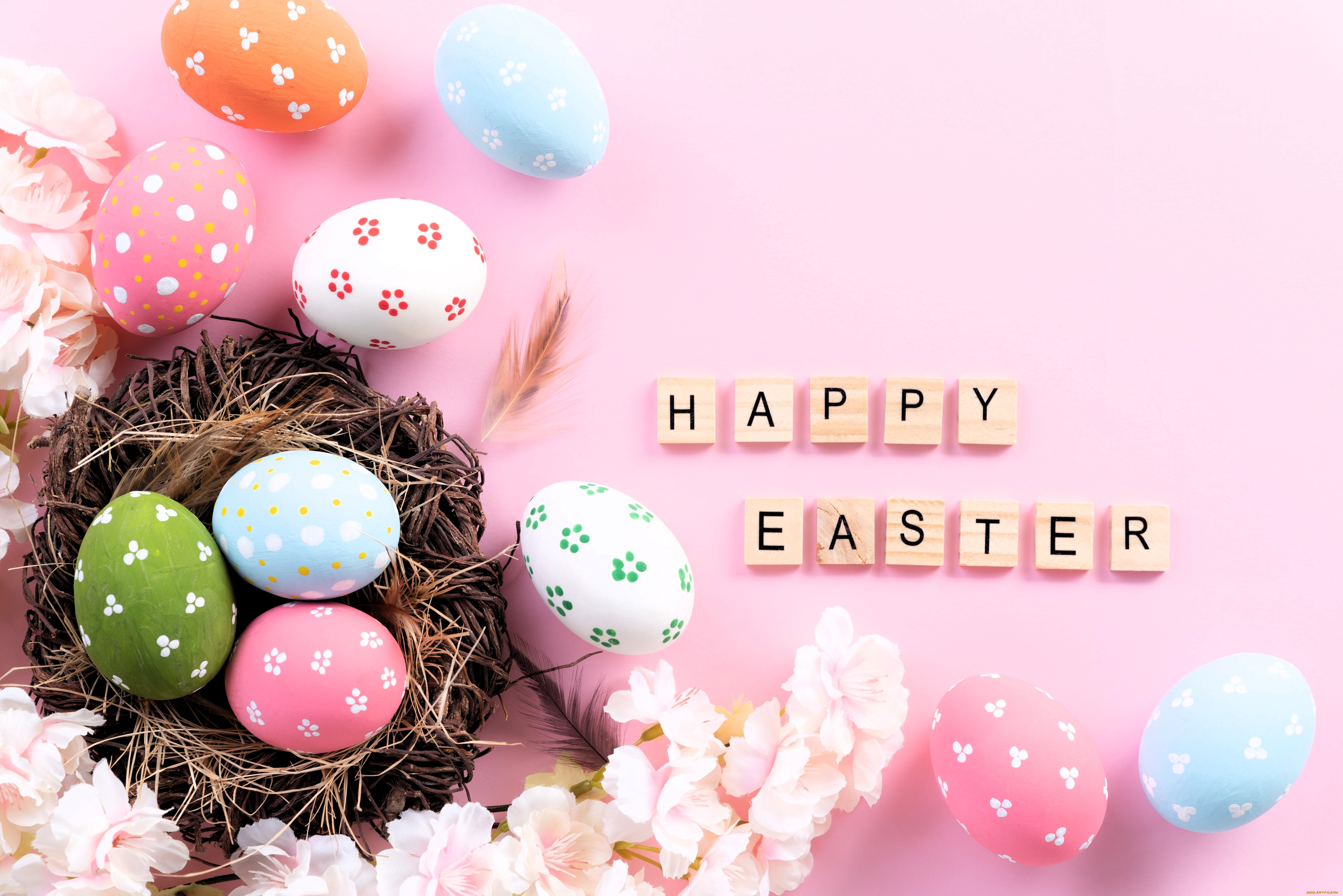 праздничные, пасха, гнездо, яйца, цветы