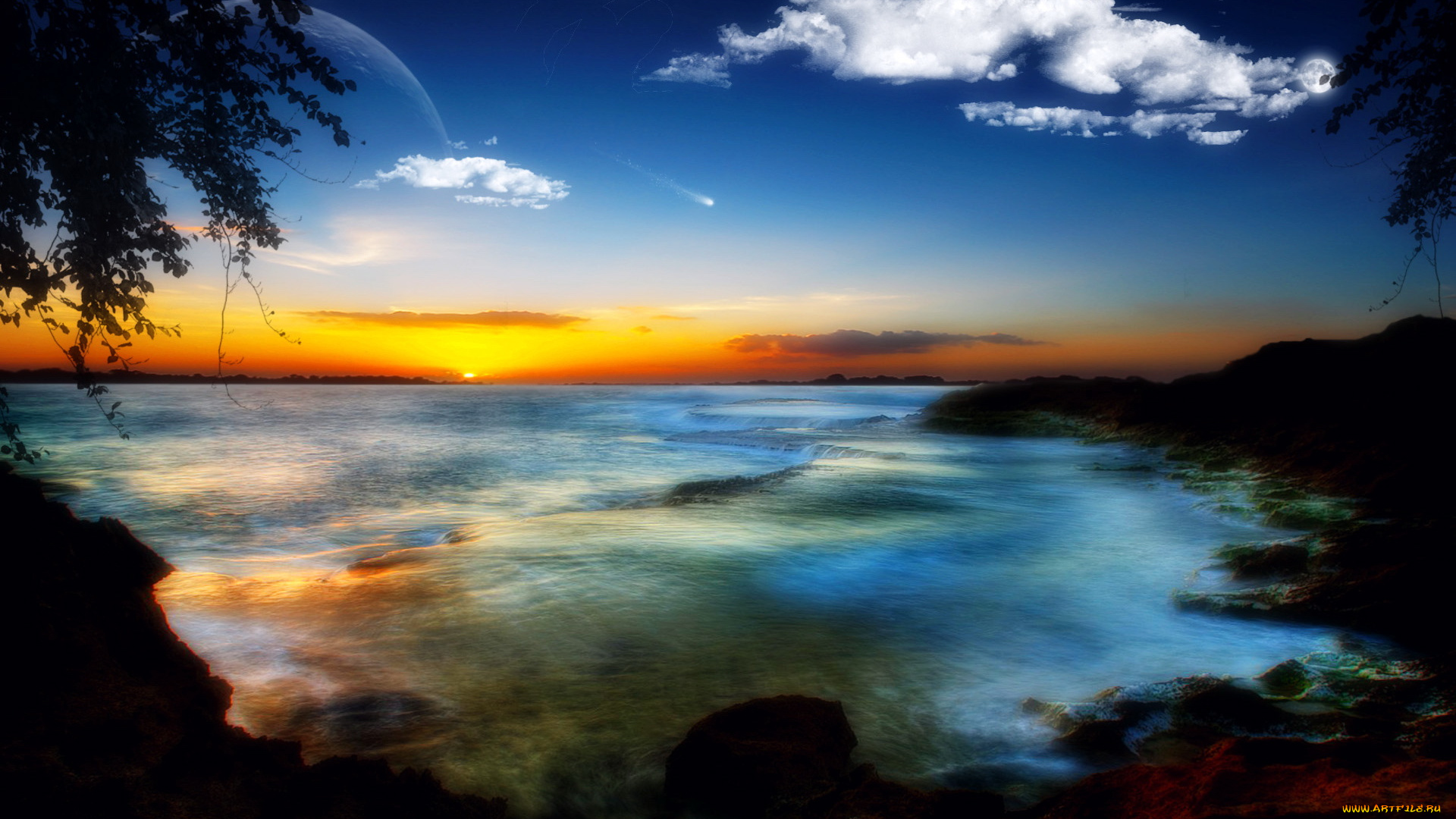 природа, восходы, закаты, облака, планета, волна, берег, вечер, море, горизонт