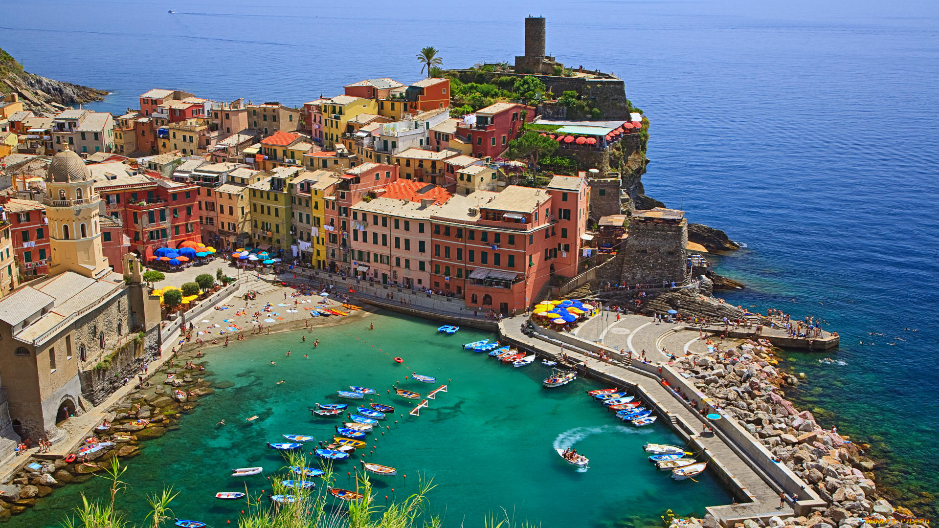 vernazza, cinque, terre, italy, города, амальфийское, лигурийское, побережье, италия, здания, море, лодки, лагуна