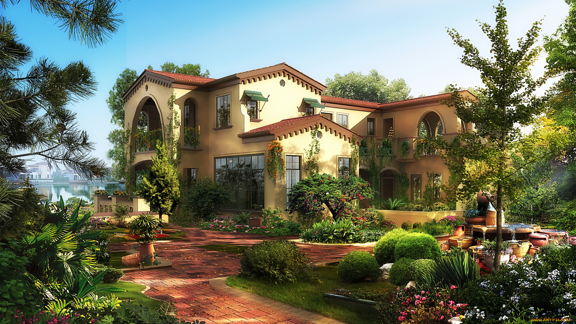 3д, графика, architecture, , архитектура, дом, сад, кусты, деревья, пейзаж