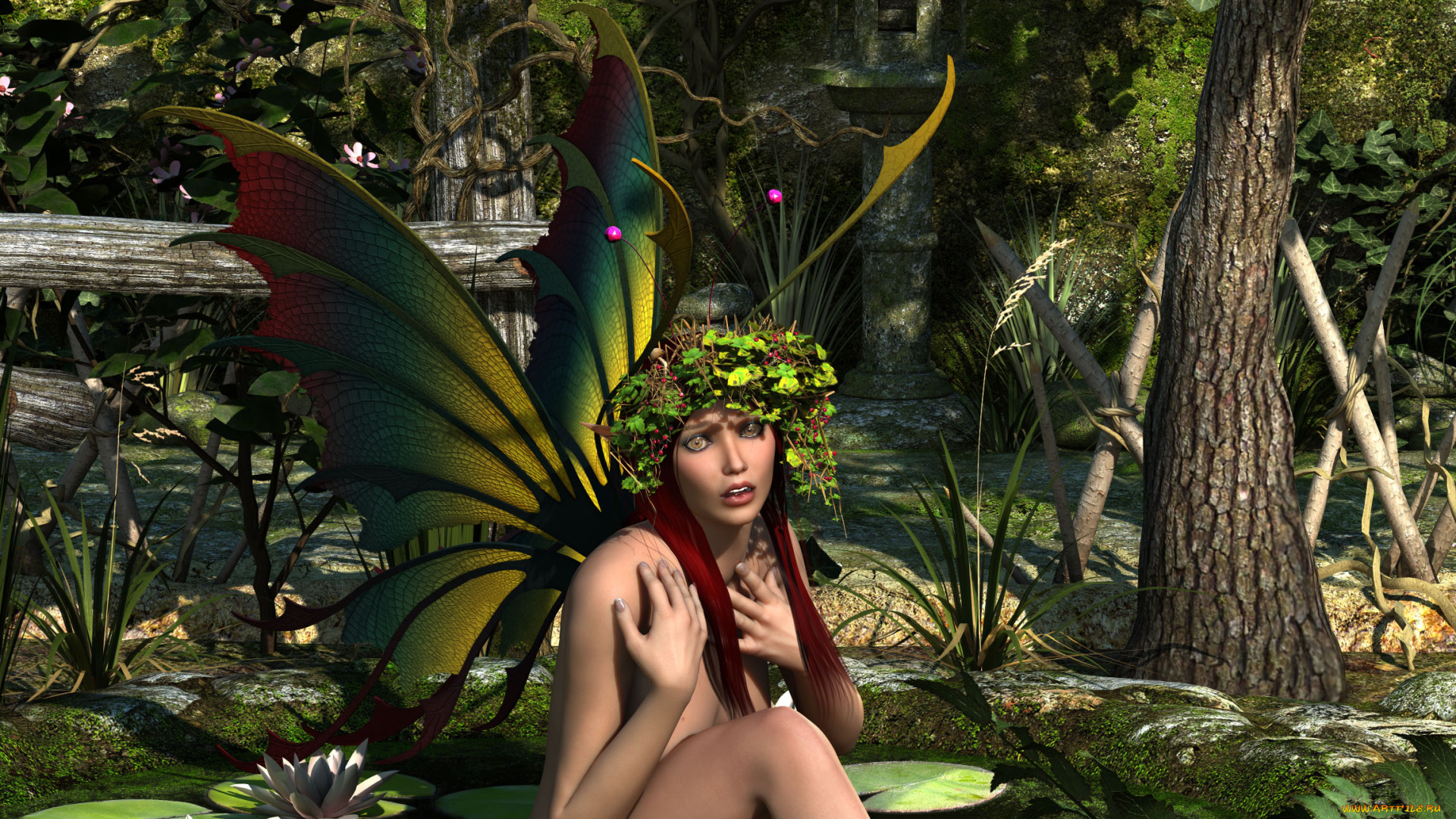 3д, графика, elves, , эльфы, лотос, лес, крылья, цветы, взгляд, эльфийка