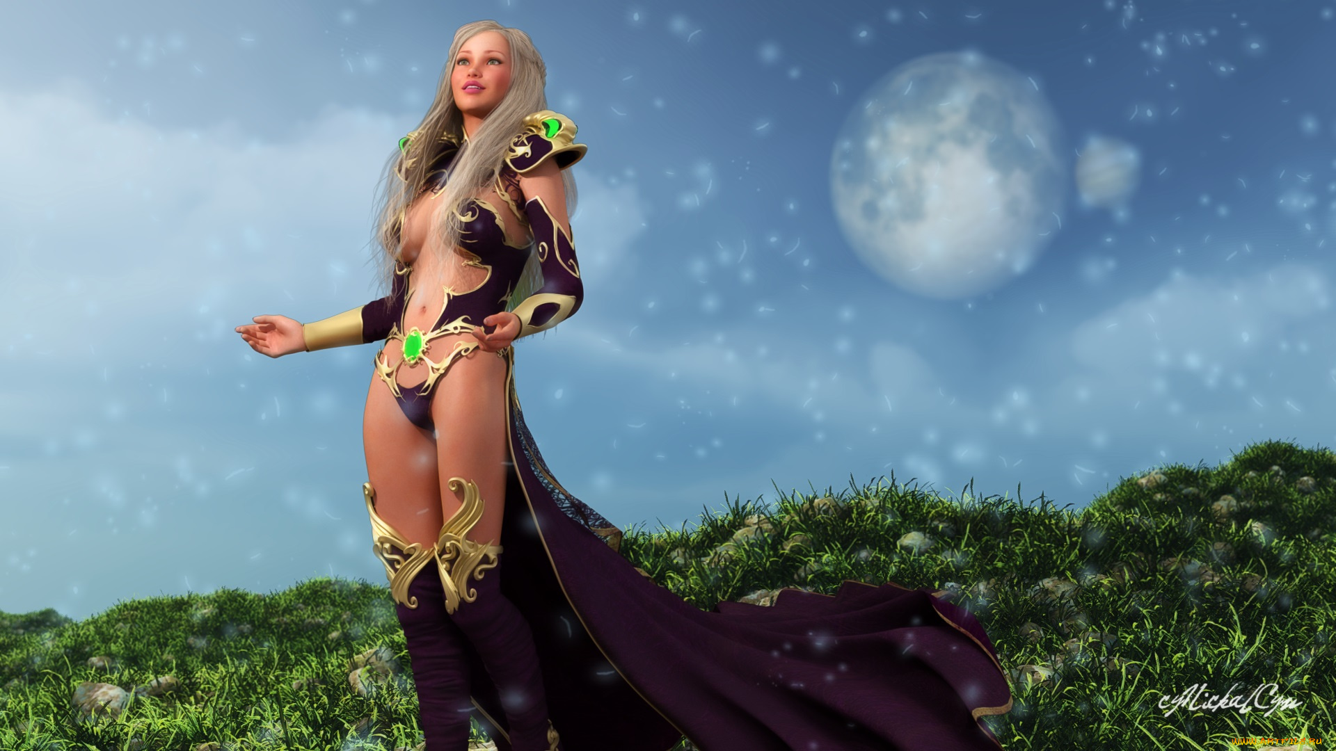 3д, графика, fantasy, , фантазия, луна, взгляд, девушка