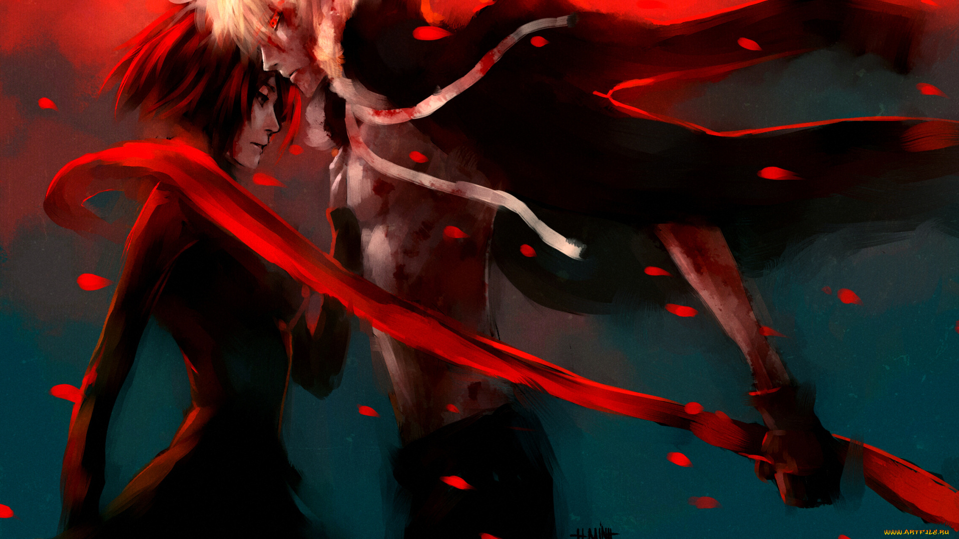 аниме, dogs, , bullets, &, carnage, haine, rammsteiner, парень, nanfe, девушка, fuyumine, naoto, шарф, лепестки, bullets, carnage, art