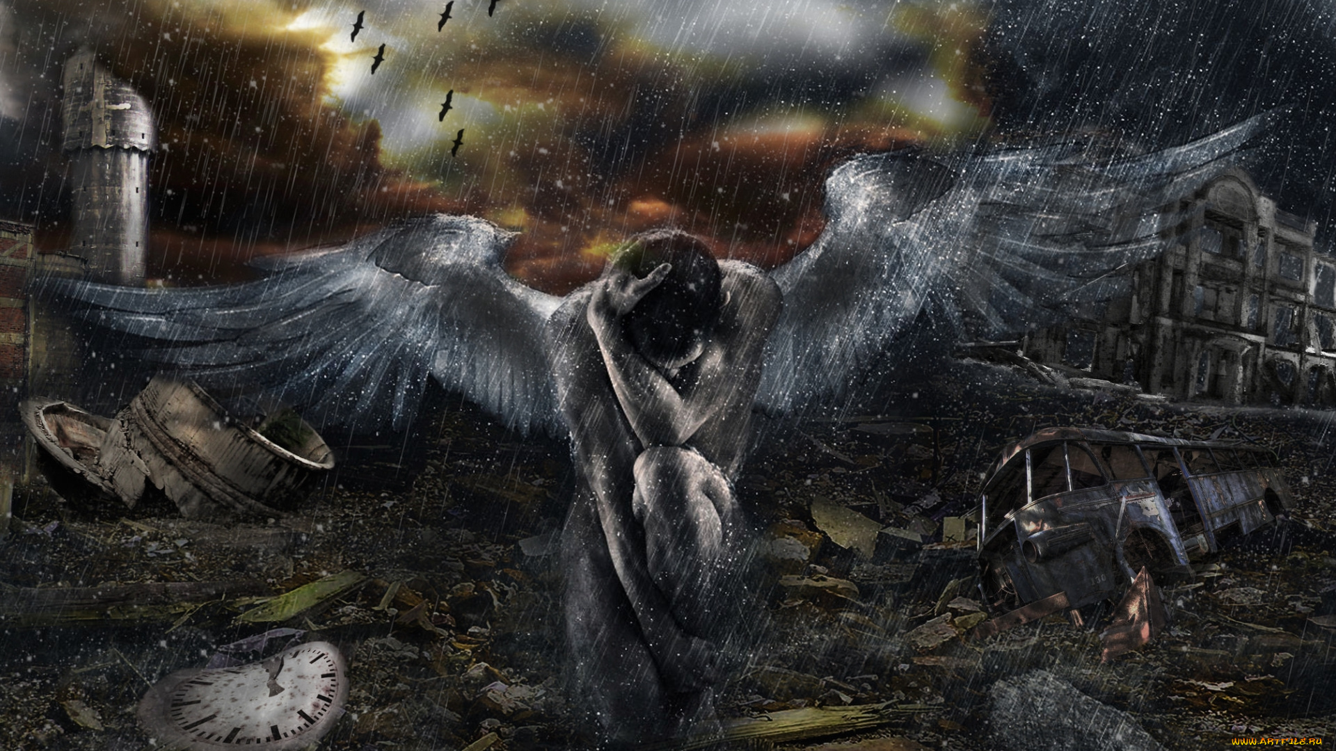 фэнтези, фотоарт, ангел, разруха, крылья, скорбь