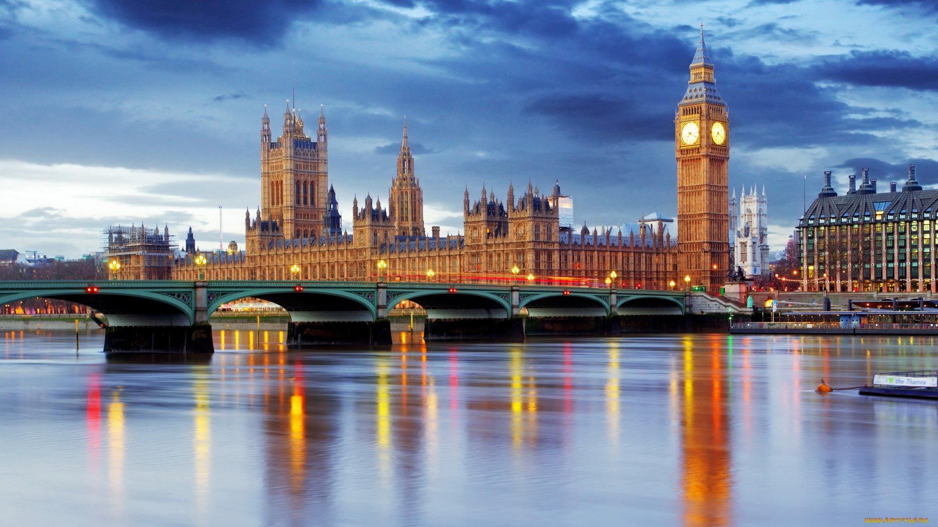 города, лондон, , великобритания, дома, мост, река, биг, бен, лондон, огни, фонари