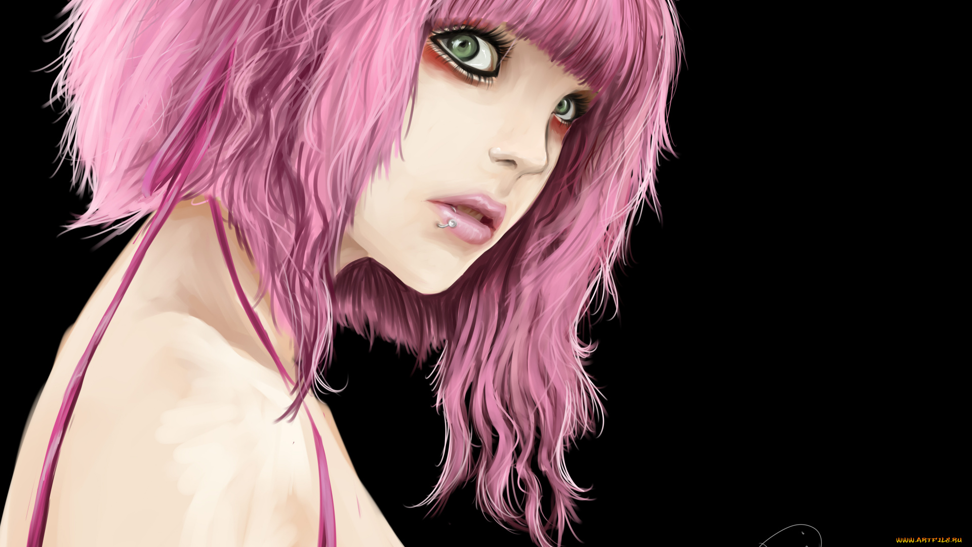 рисованные, люди, темный, фон, пирсинг, розовые, волосы, девушка