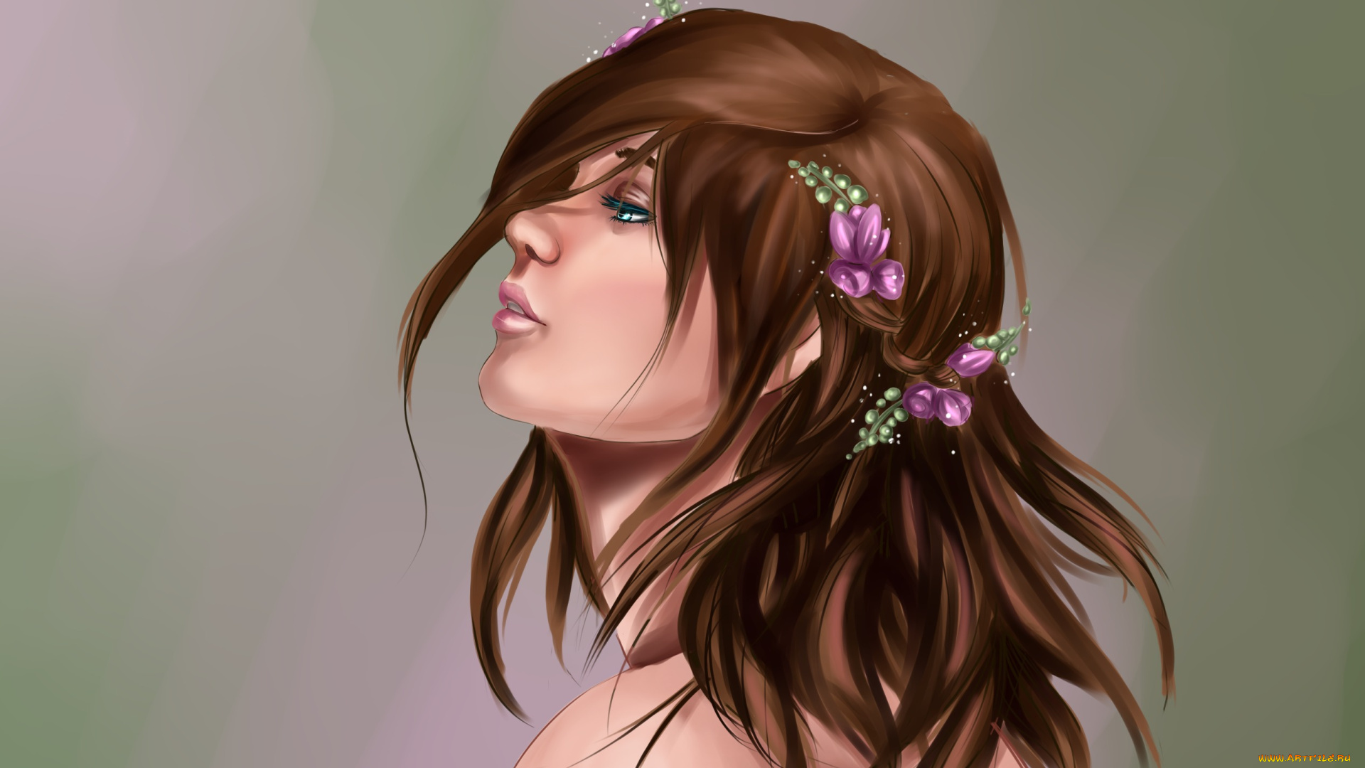 рисованные, люди, взгляд, девушка, ресницы, профиль, цветы, волосы, фон