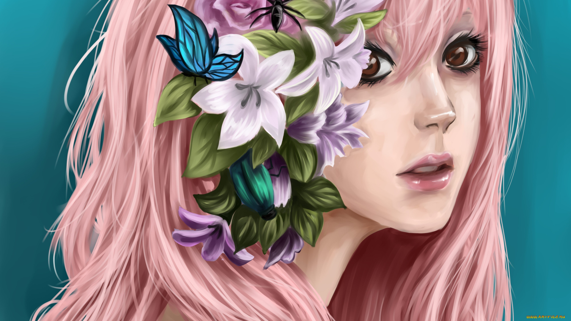 рисованные, люди, жук, цветы, розовые, волосы, девушка