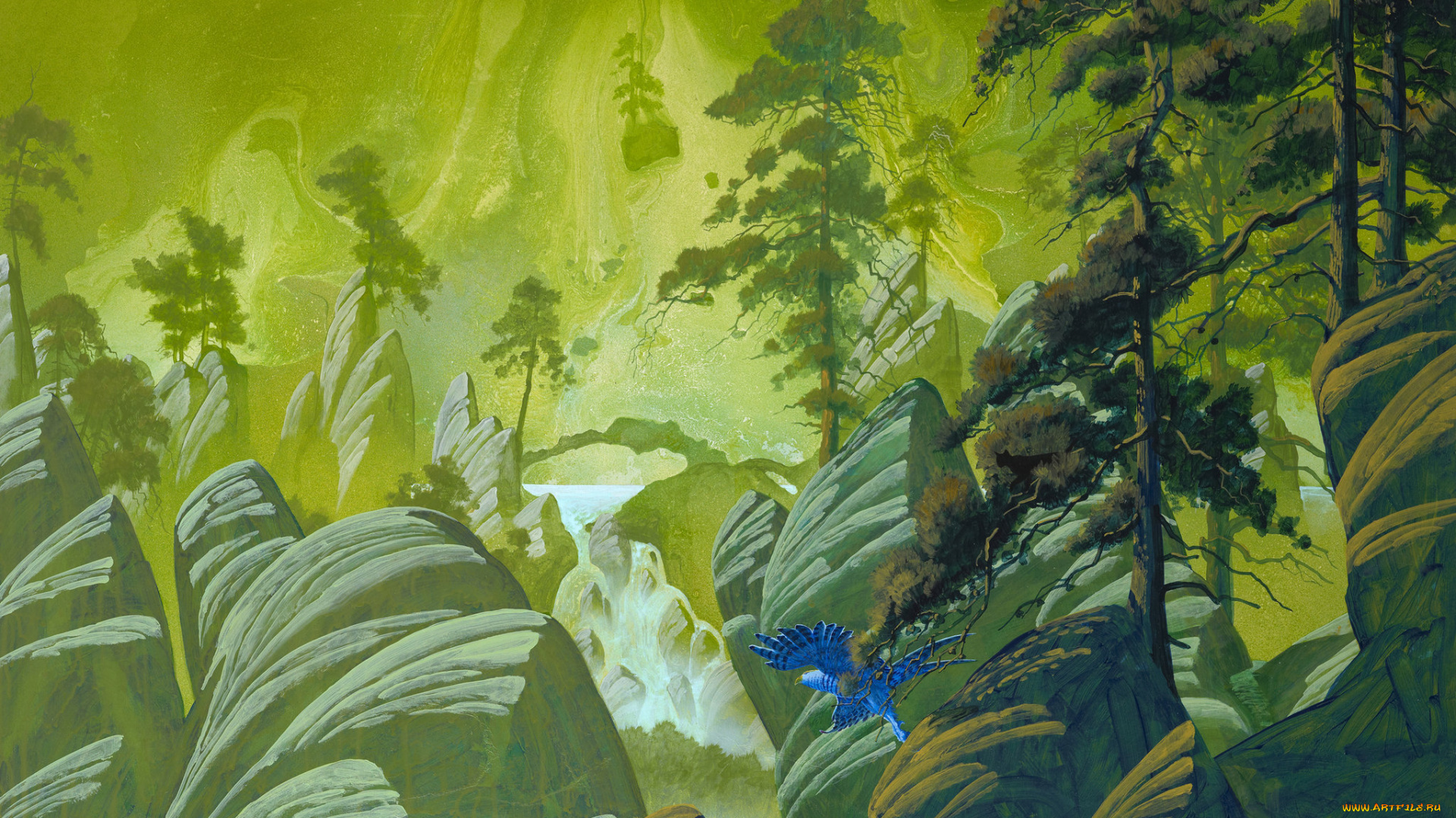 рисованные, природа, roger, dean, фантастика, камни, водопад, полет, сосны, птица, деревья, скалы