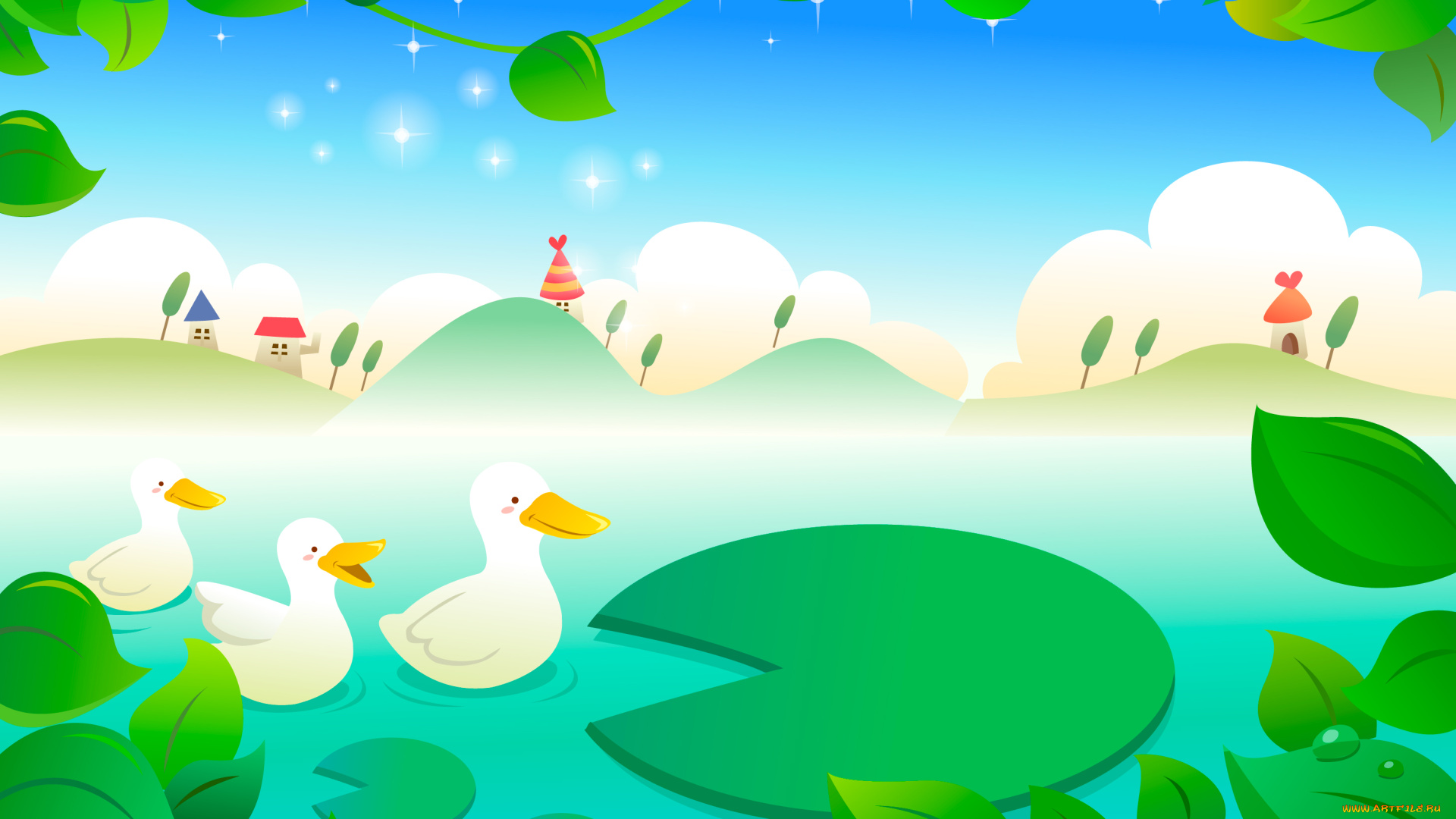 векторная, графика, листья, деревья, дома, облака, небо, кувшинки, холмы, утки, пруд