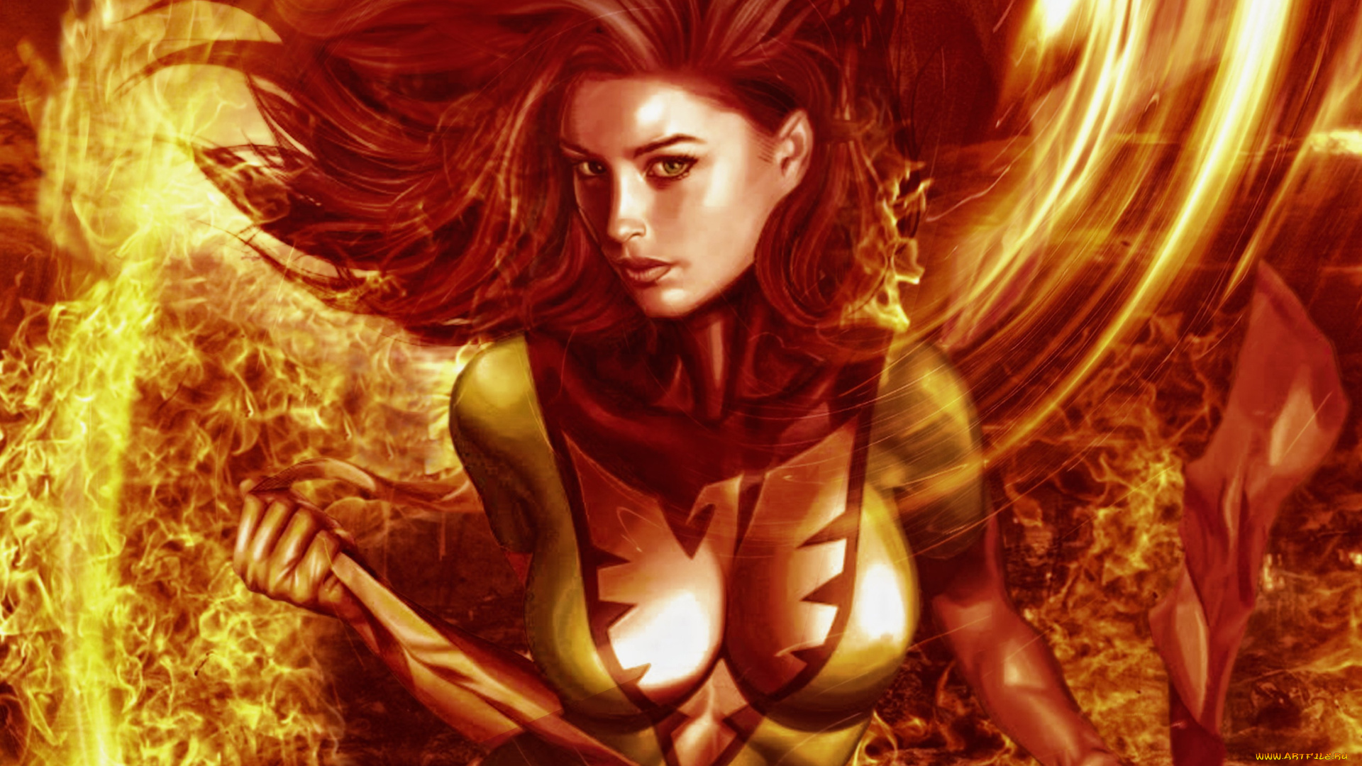 x-men, рисованные, кино, костюм, взгляд, огонь, девушка, phoenix, феникс, jean, grey