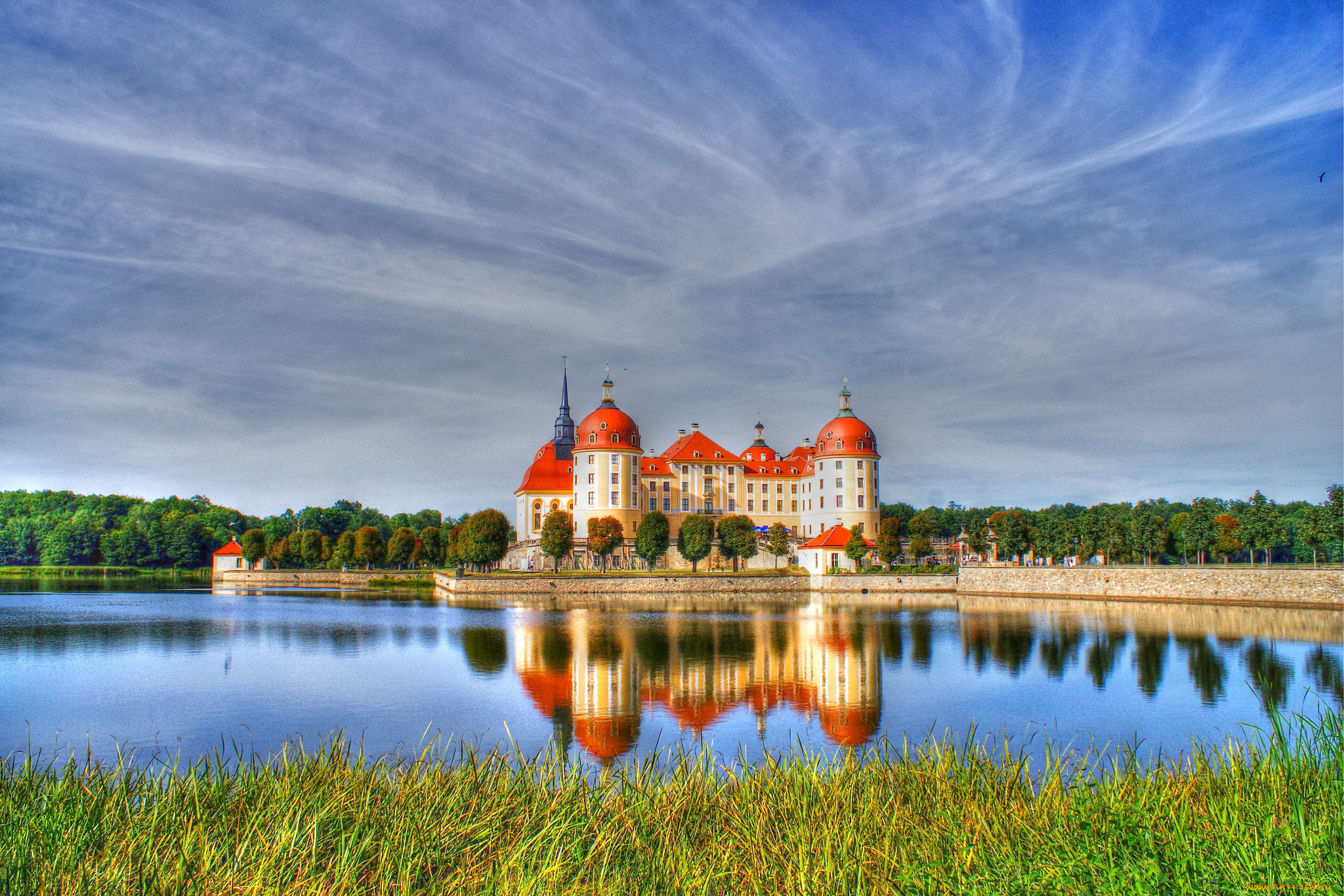 moritzburg, castle, германия, города, -, дворцы, , замки, , крепости, castle, moritzburg, трава, река, замок, германия