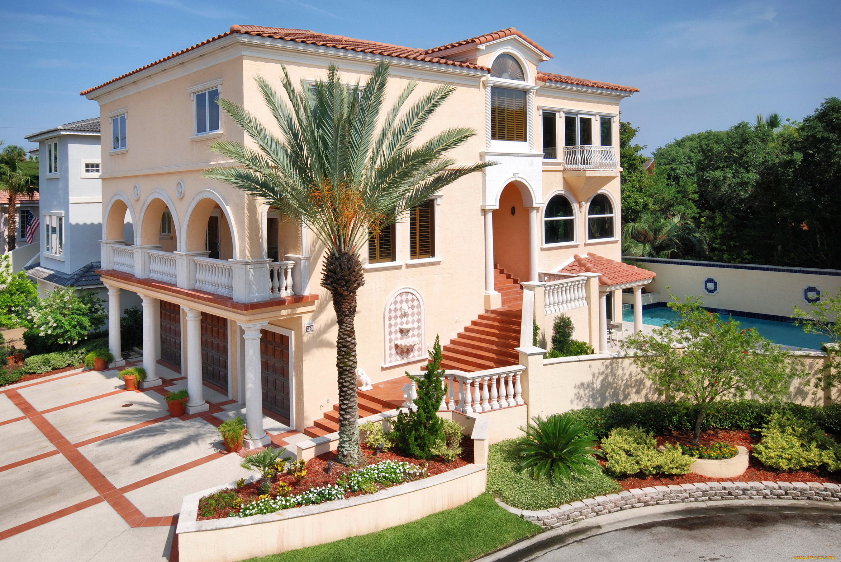 города, -, здания, , дома, цветы, клумбы, ландшафт, пальма, дома, особняк