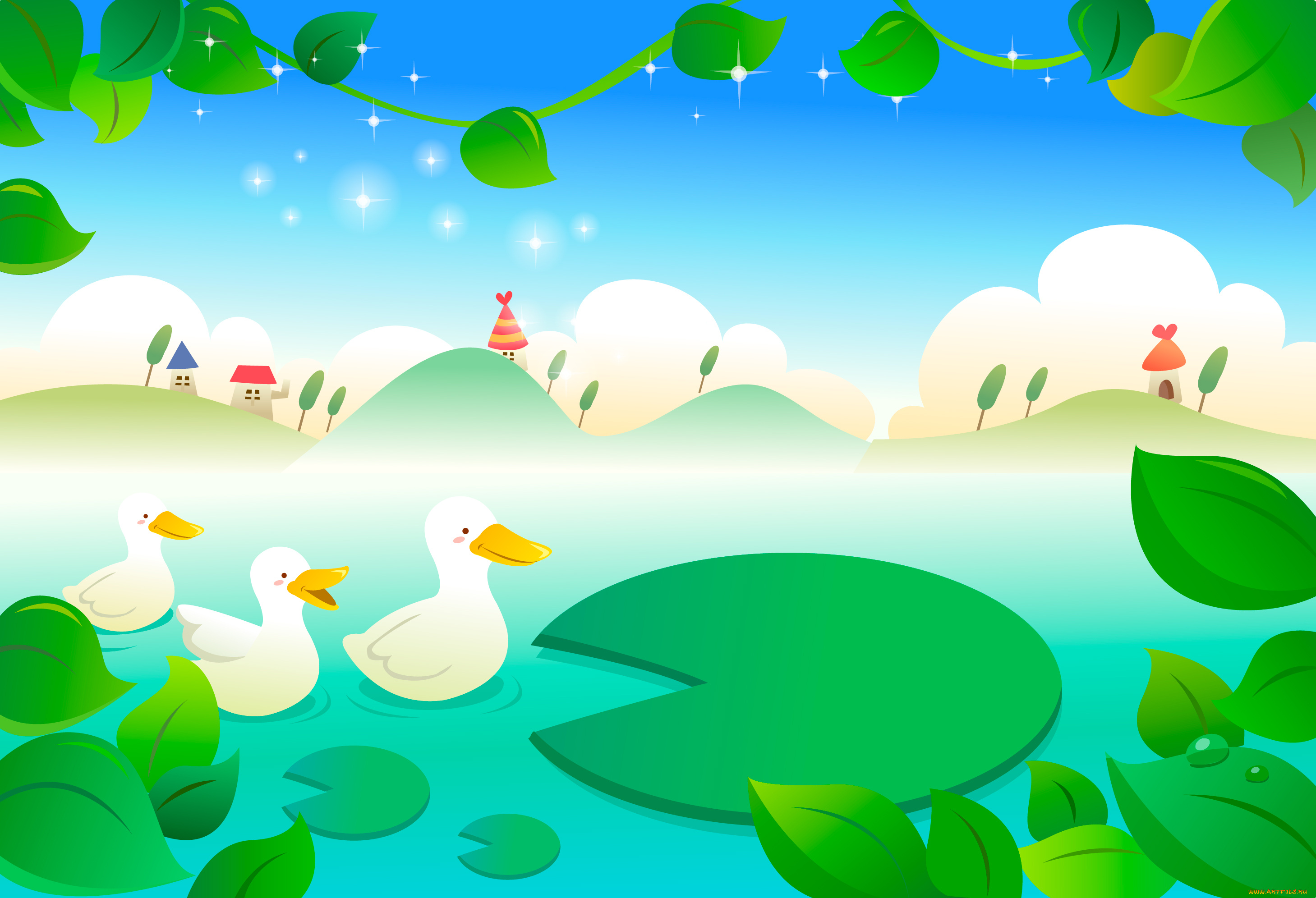 векторная, графика, листья, деревья, дома, облака, небо, кувшинки, холмы, утки, пруд
