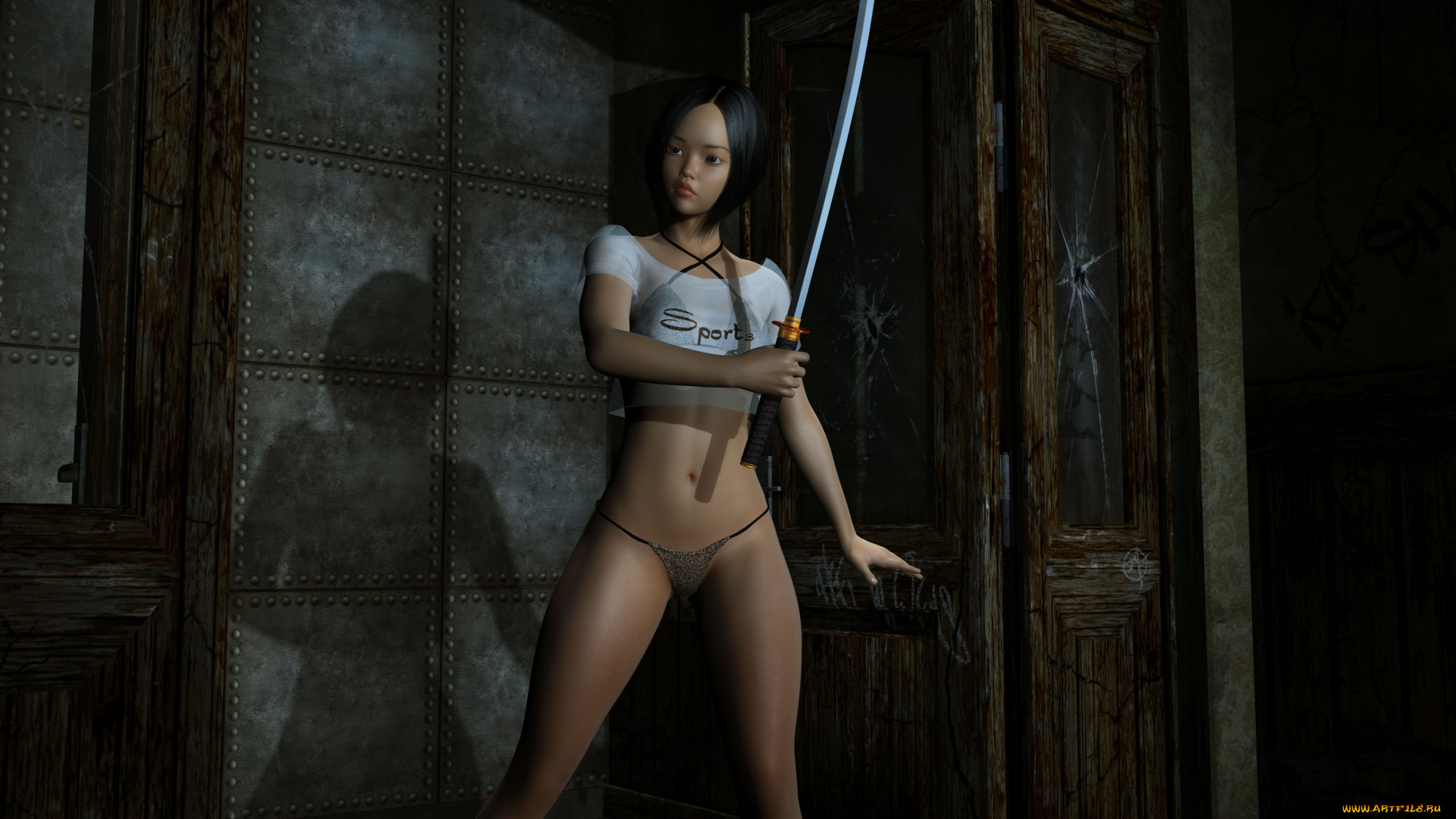 3д, графика, фантазия, , fantasy, девушка, оружие, фон, взгляд