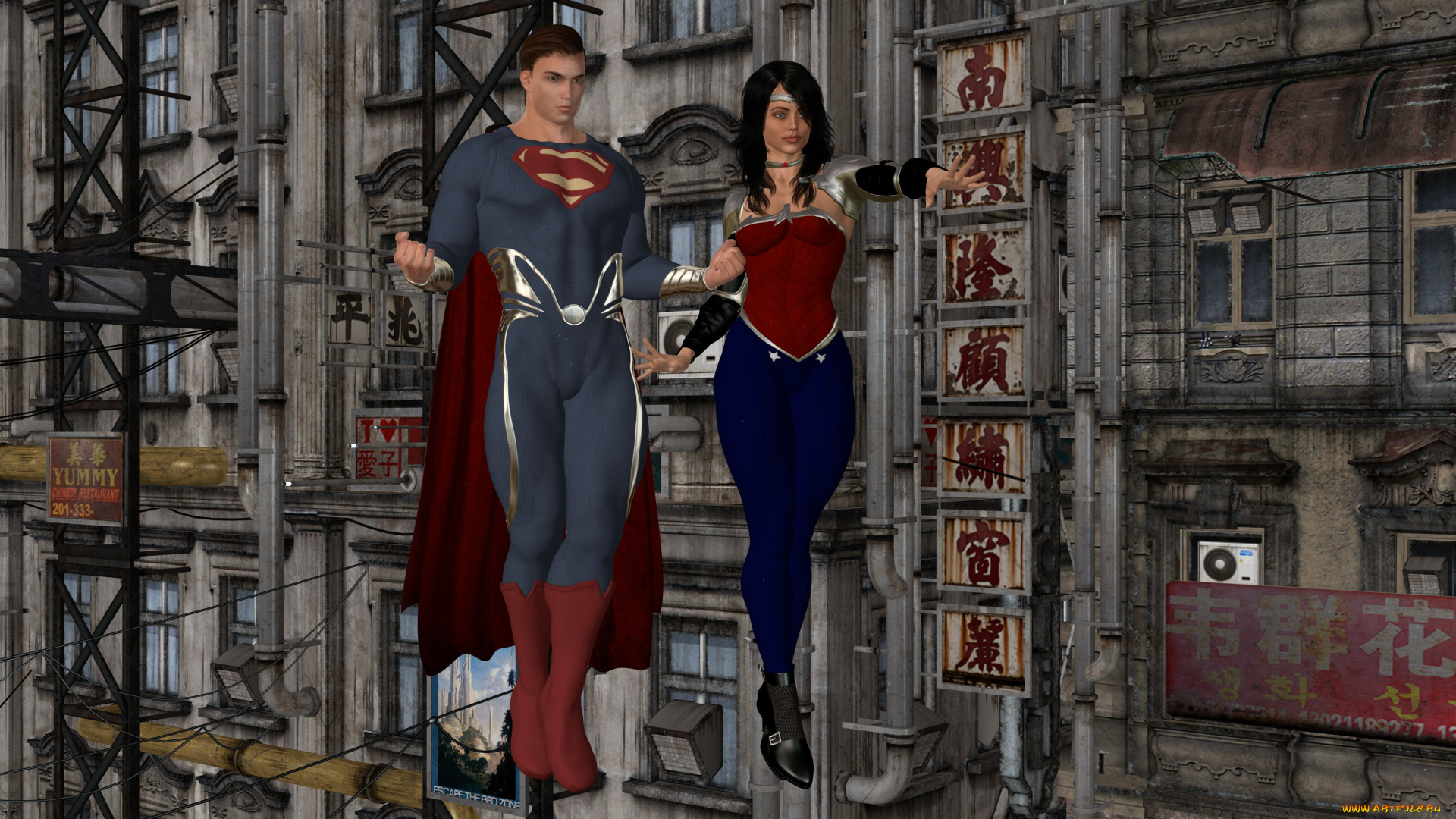 3д, графика, фантазия, , fantasy, супермен, полет, парень, фон, взгляд, девушка