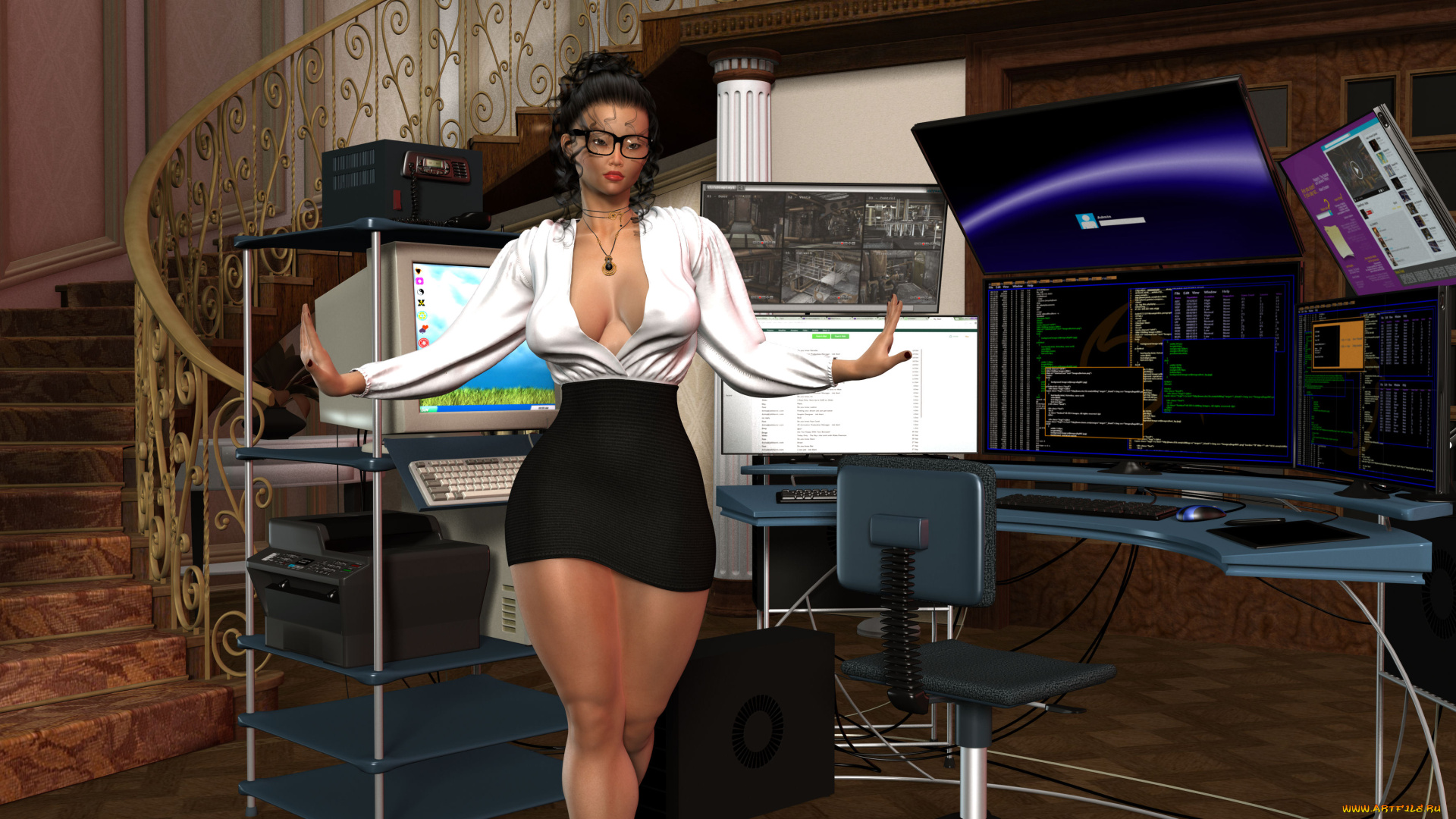 3д, графика, фантазия, , fantasy, взгляд, фон, лестница, девушка