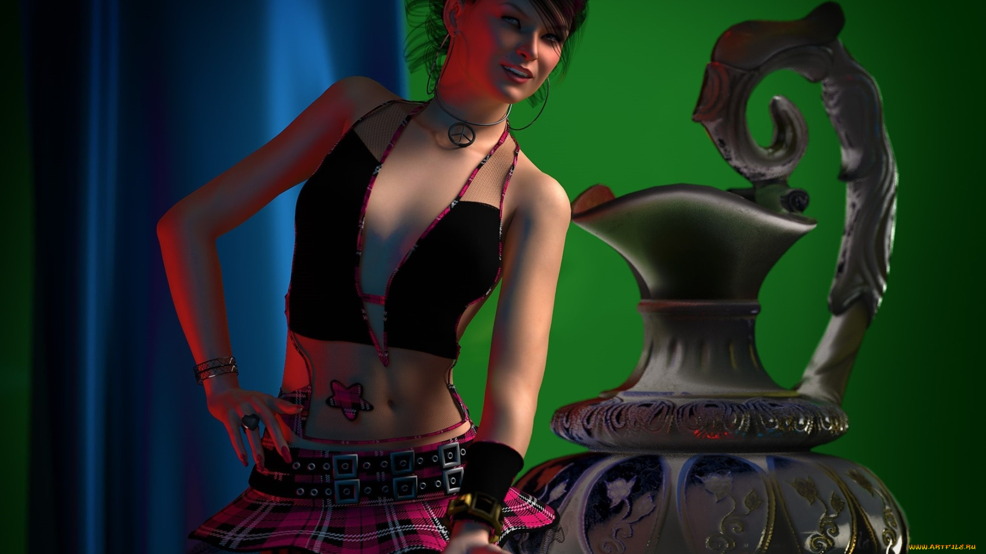 3д, графика, люди, , people, фон, взгляд, улыбка, амфора, девушка