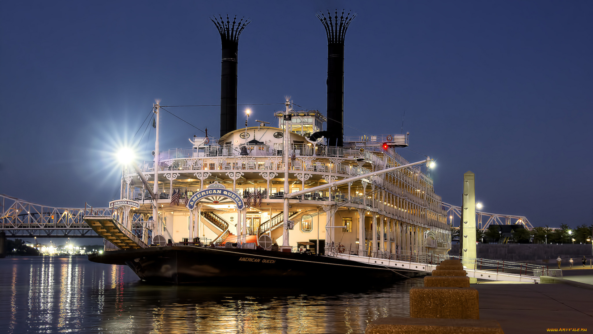 american, queen, at, louisville, корабли, пароходы, пароход, река, ночь
