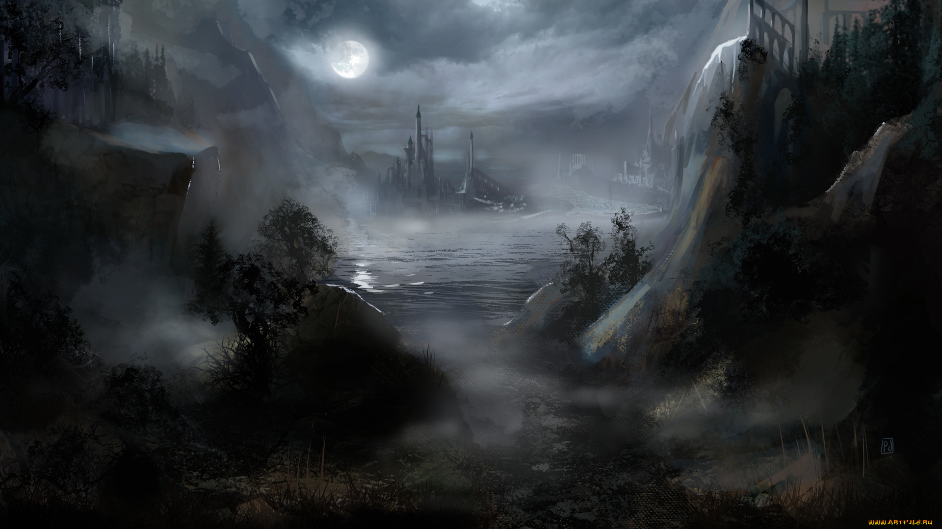 фэнтези, пейзажи, замок, ночь, луна, вода, туман
