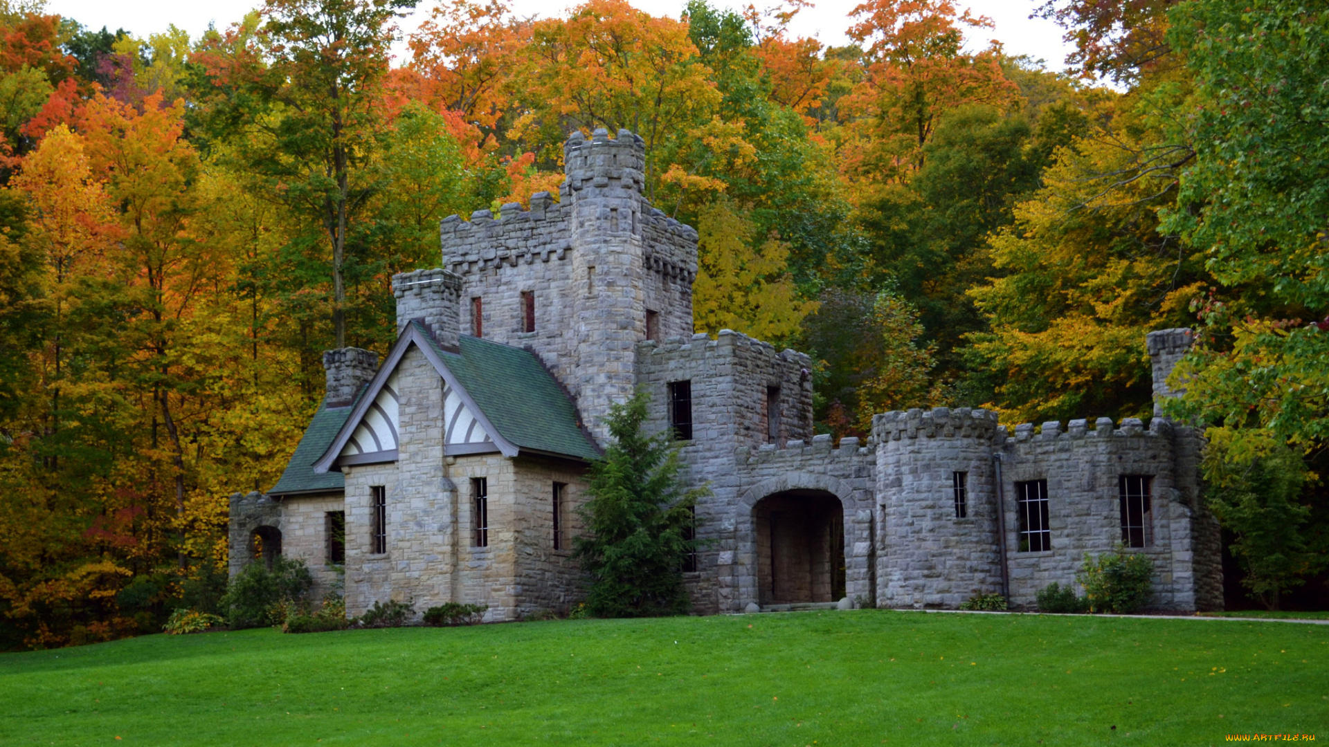 города, -, дворцы, , замки, , крепости, squires, castle, сша, осень, деревья, лес, замок, трава, поляна