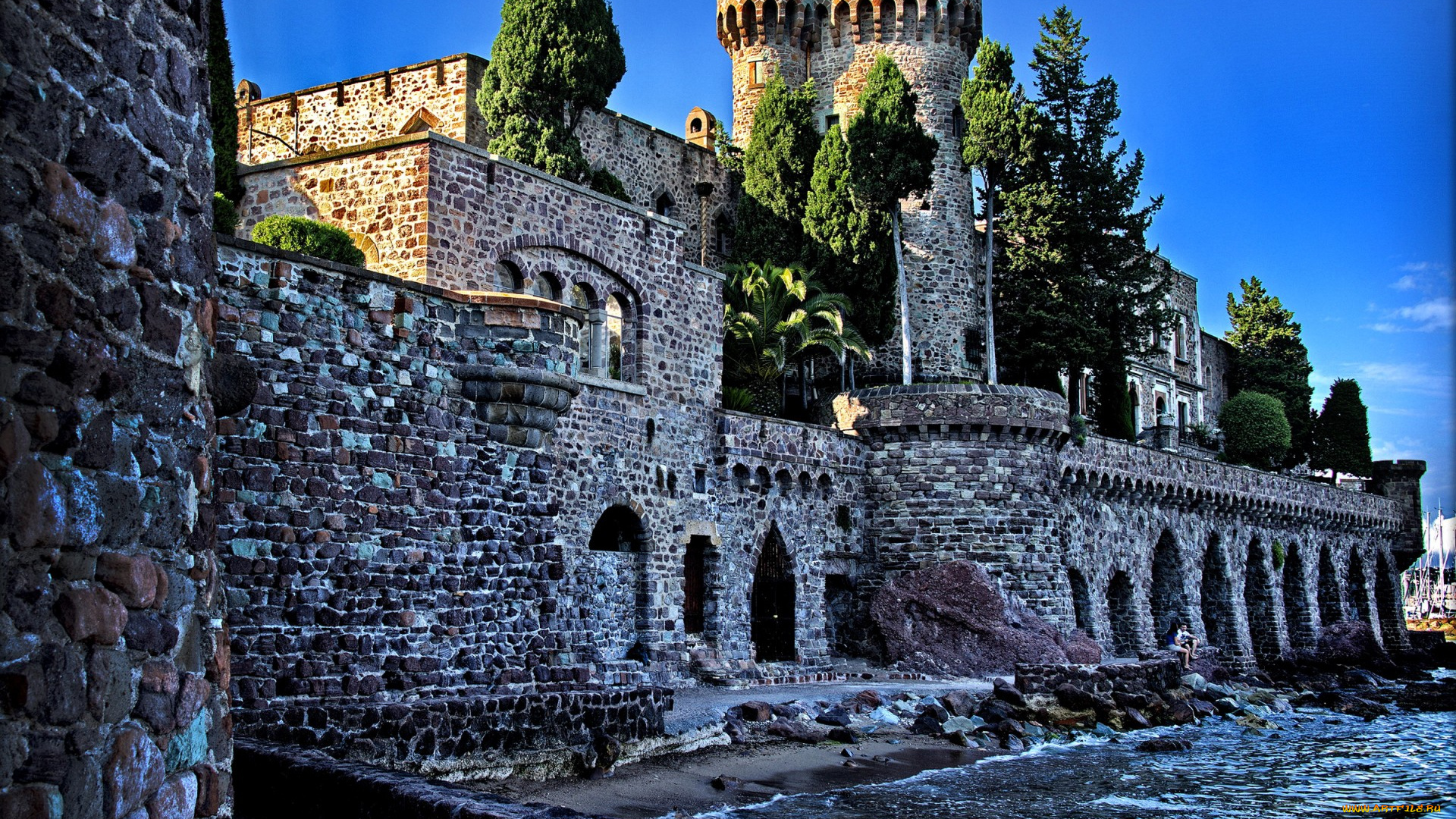 города, -, дворцы, , замки, , крепости, вода, камни, крепость, франция, деревья, chateau, de, la, napoule, стены, башня