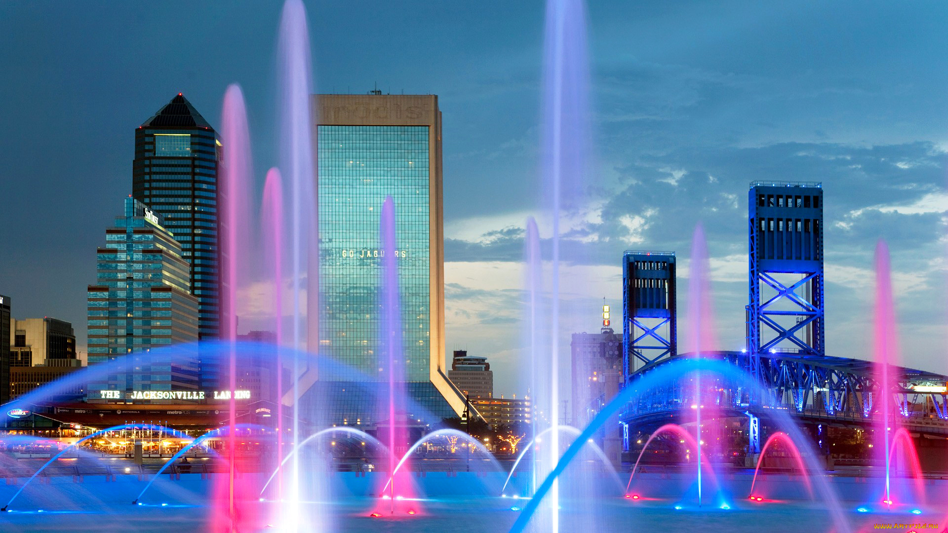 города, -, фонтаны, вечер, фонтан, огни, дома, сша, флорида, джексонвиль