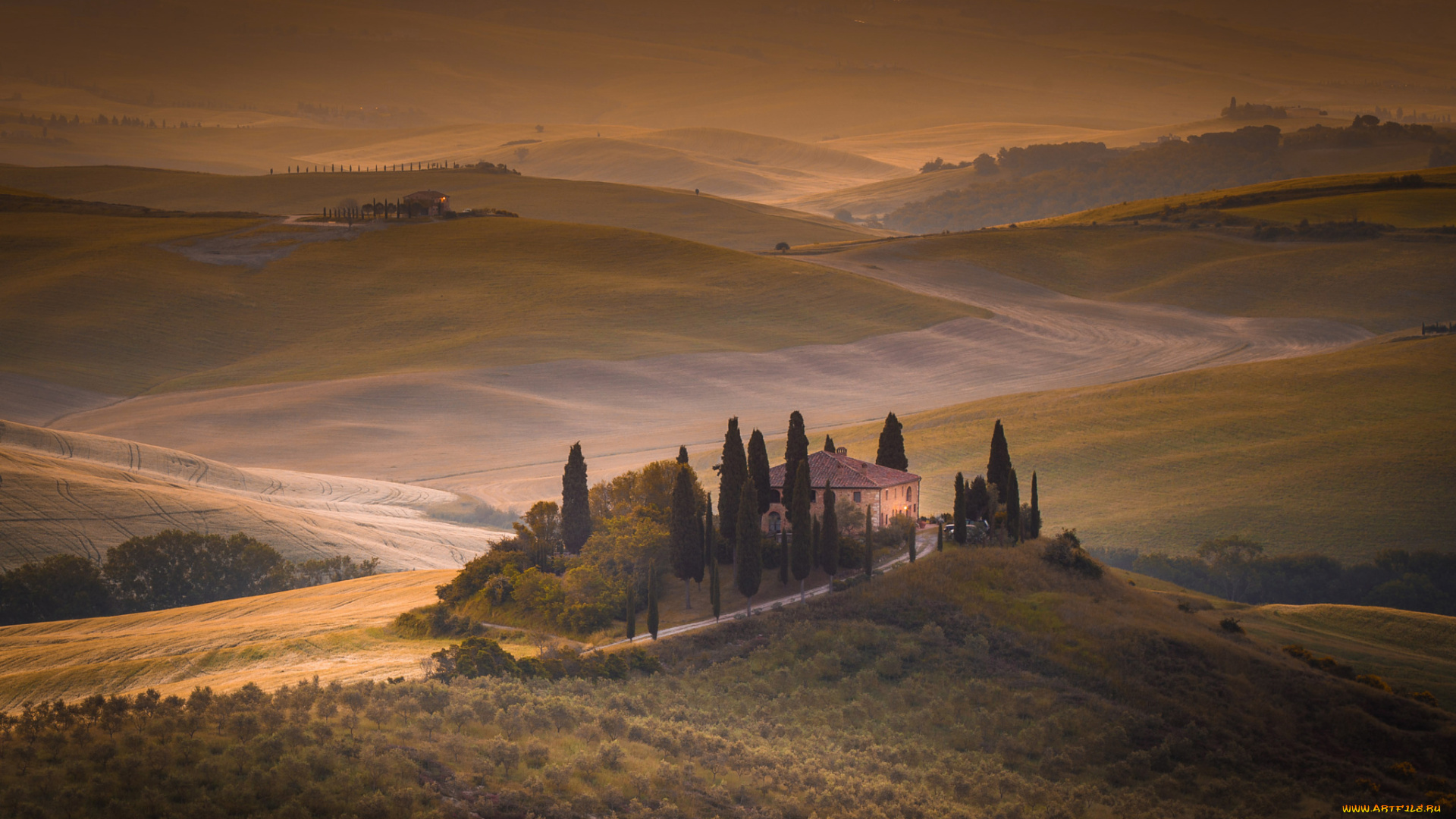 города, -, пейзажи, италия, дома, поля, утро, тоскана