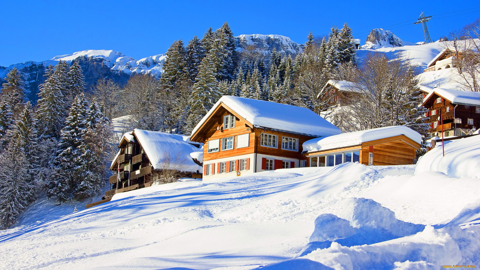 города, -, здания, , дома, склон, дома, горы, снег, деревья, природа, зима