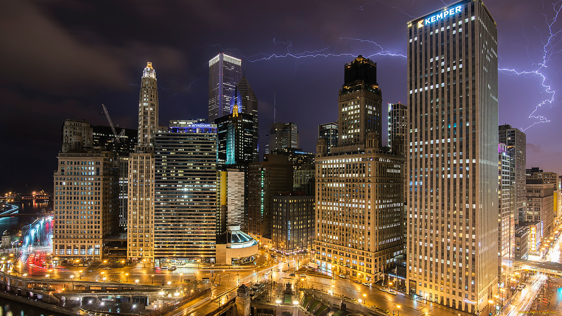 города, нью-йорк, , сша, молния, небо, ночь, город, Чикаго, огни