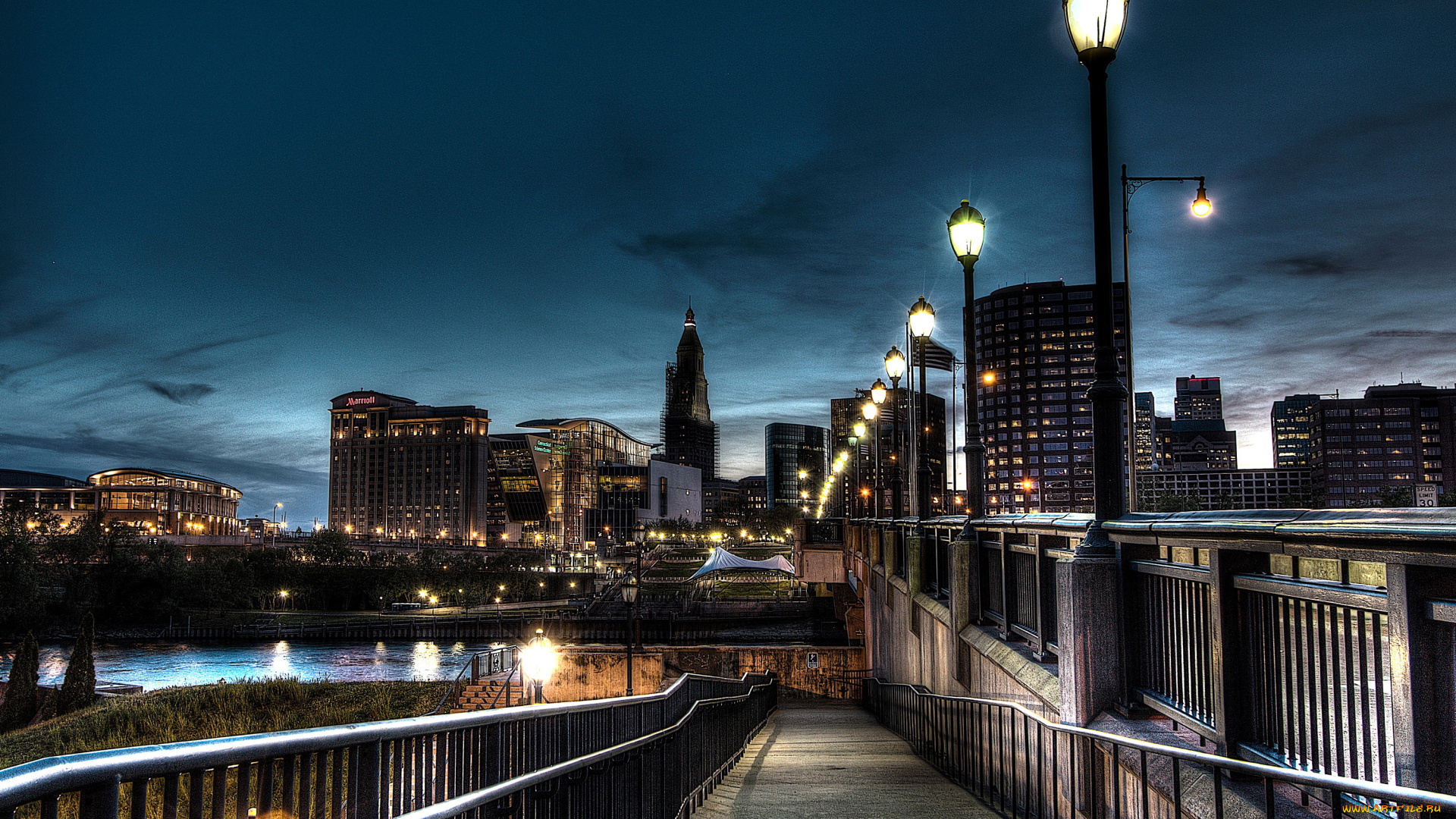 хартфорд, сша, города, -, огни, ночного, города, ночь, огни, мост, река, хартфорд, дома