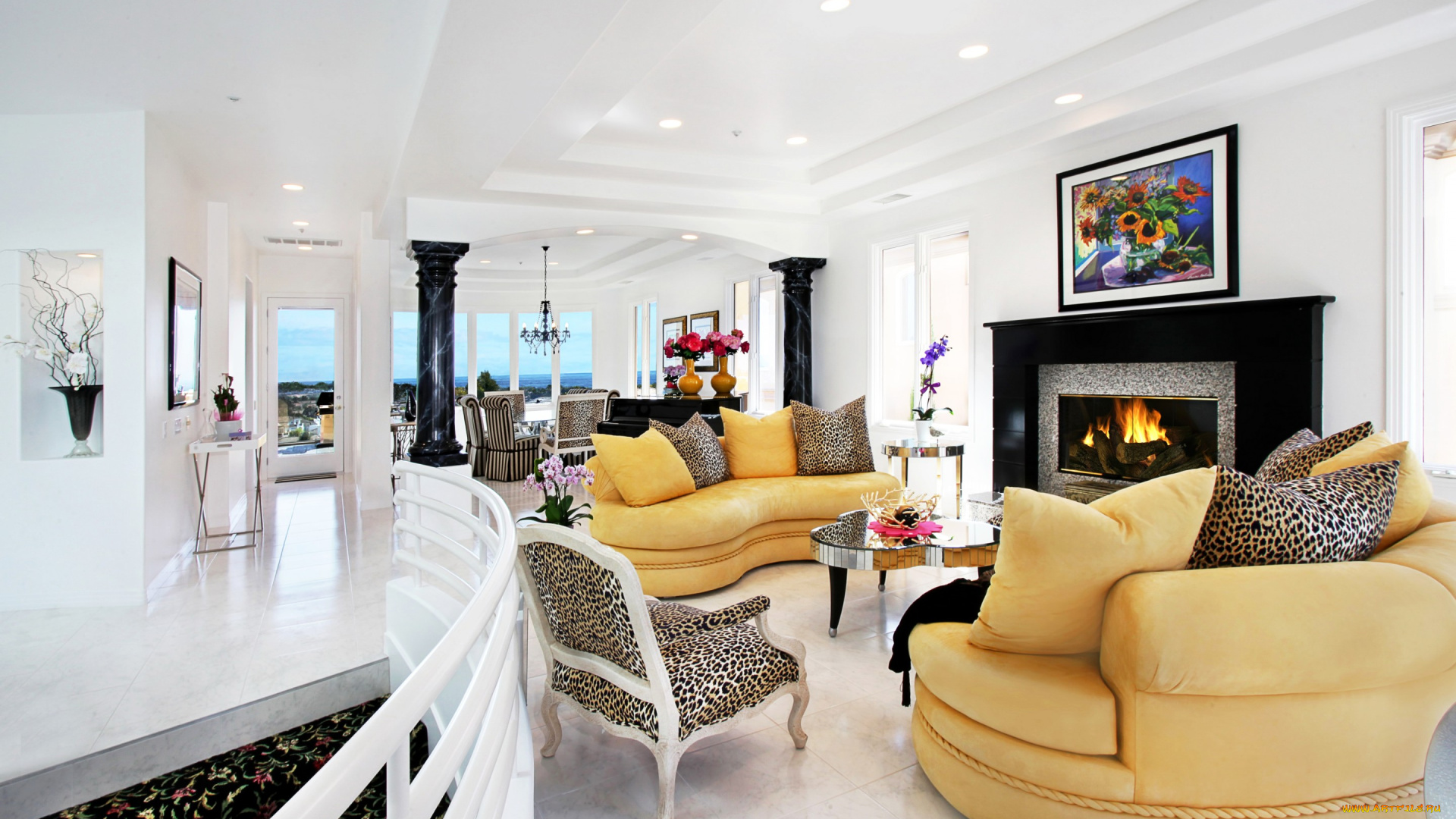 интерьер, гостиная, мебель, камин, вилла, дизайн