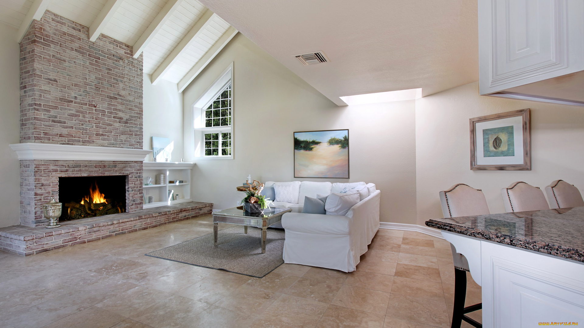 интерьер, гостиная, стол, камин, диван, дизайн