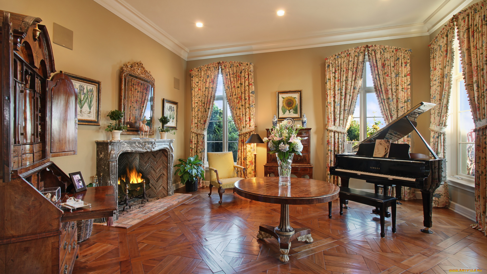 интерьер, гостиная, стол, рояль, камин