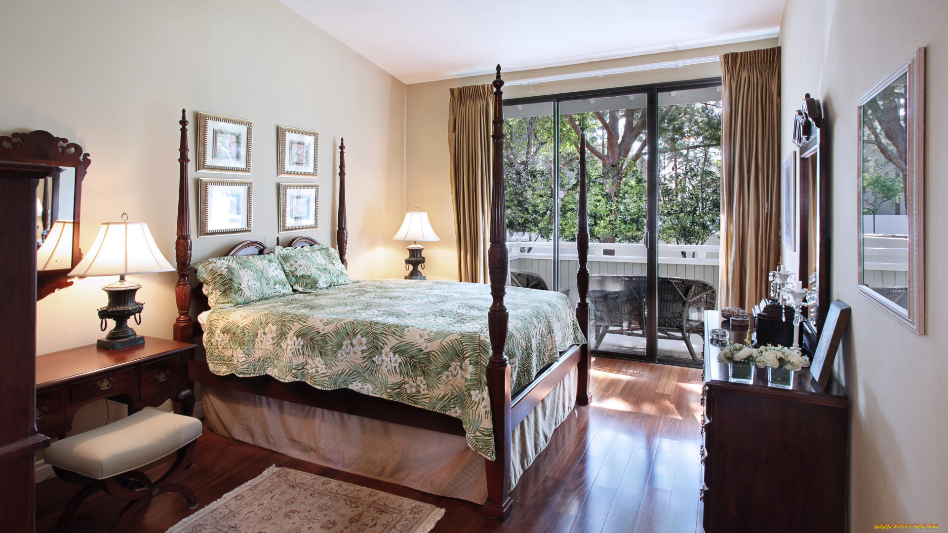 интерьер, спальня, лампа, постель, кровать