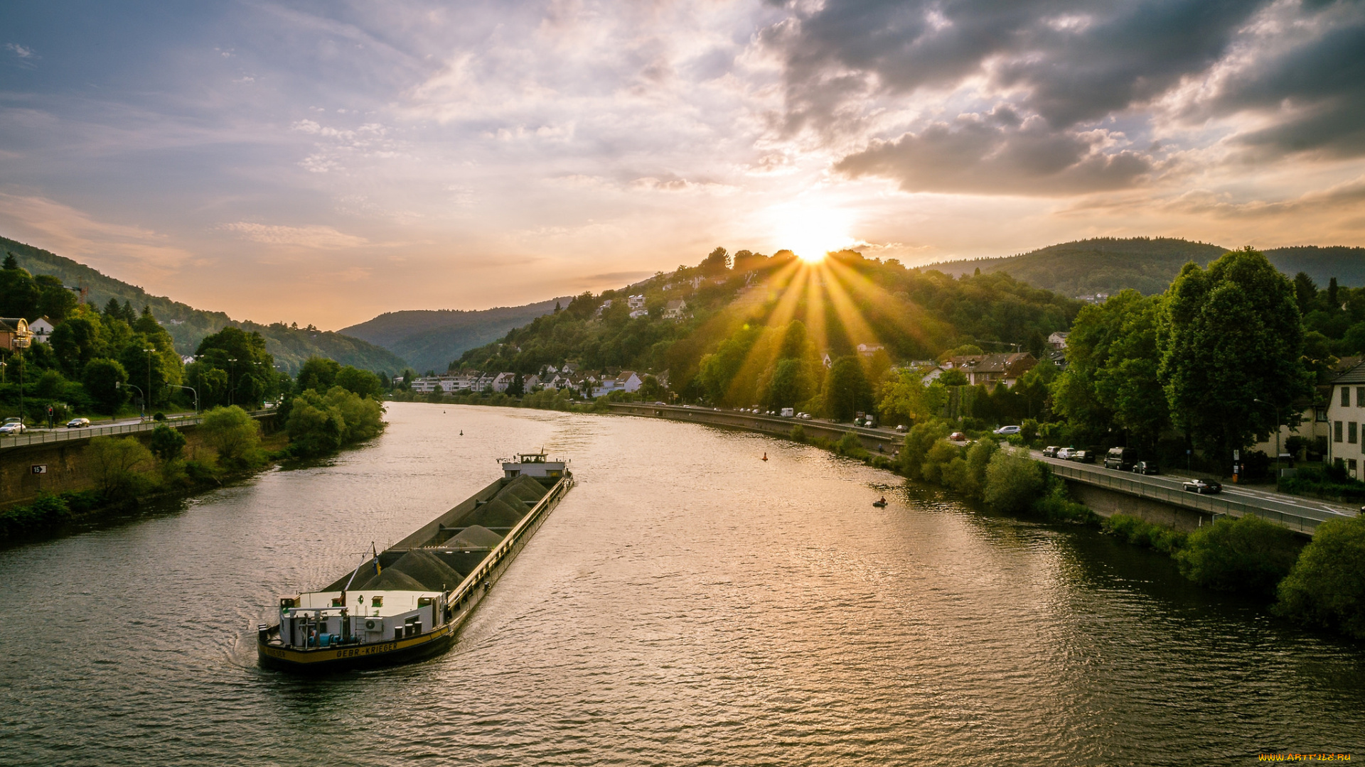 корабли, баржи, река, восход, баржа