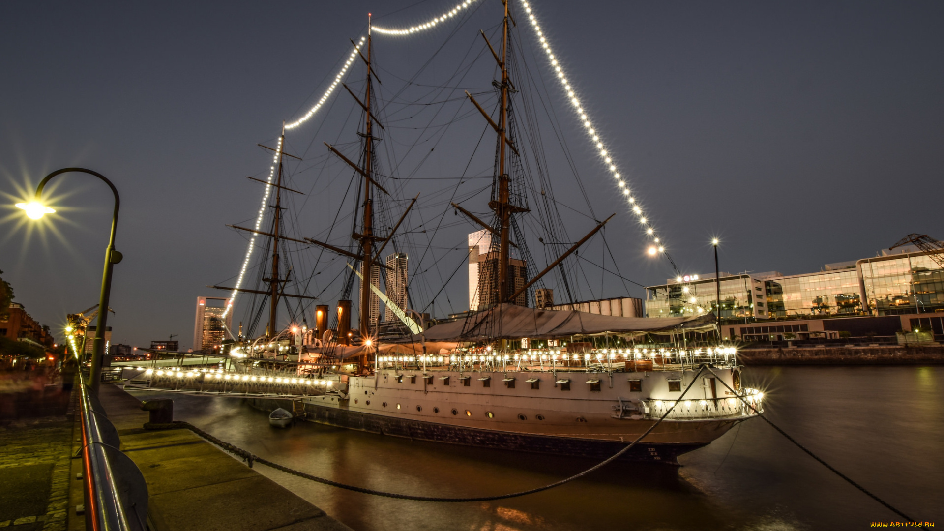 la, fragata, корабли, парусники, огни, мачты, ночь, причал