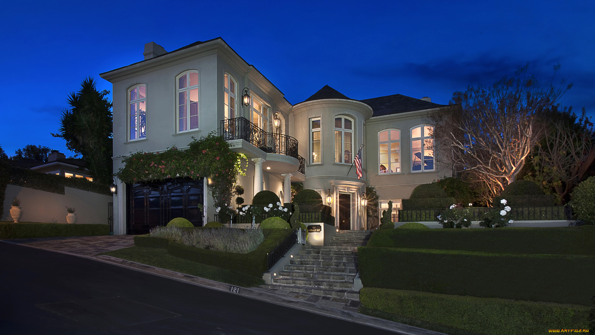 laguna, beach, сша, города, -, здания, , дома, фонари, ночь, кусты, газон, ландшафт, особняк, дом