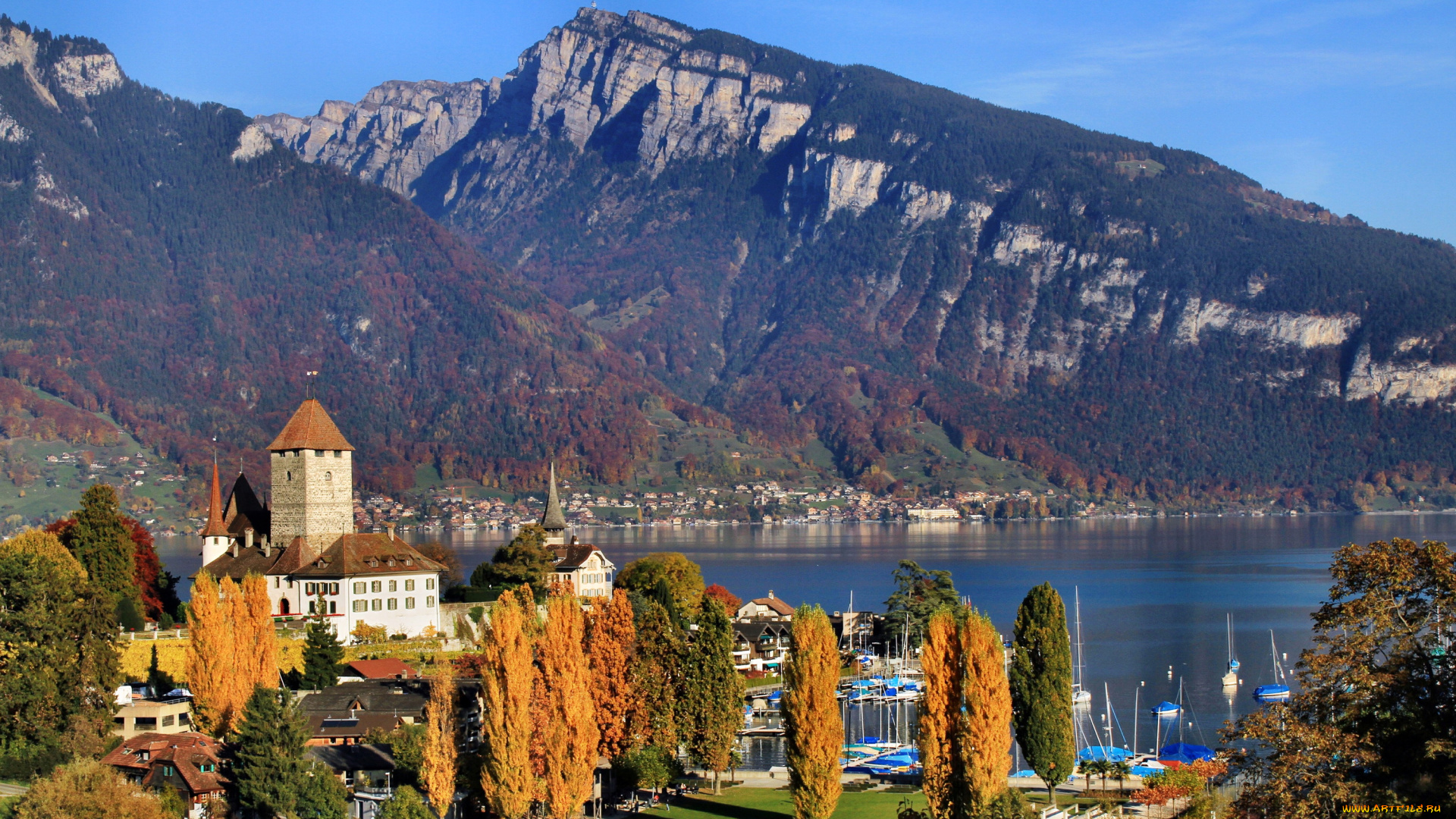 шпиц, швейцария, города, -, пейзажи, горы, панорама, дома, пейзаж, озеро