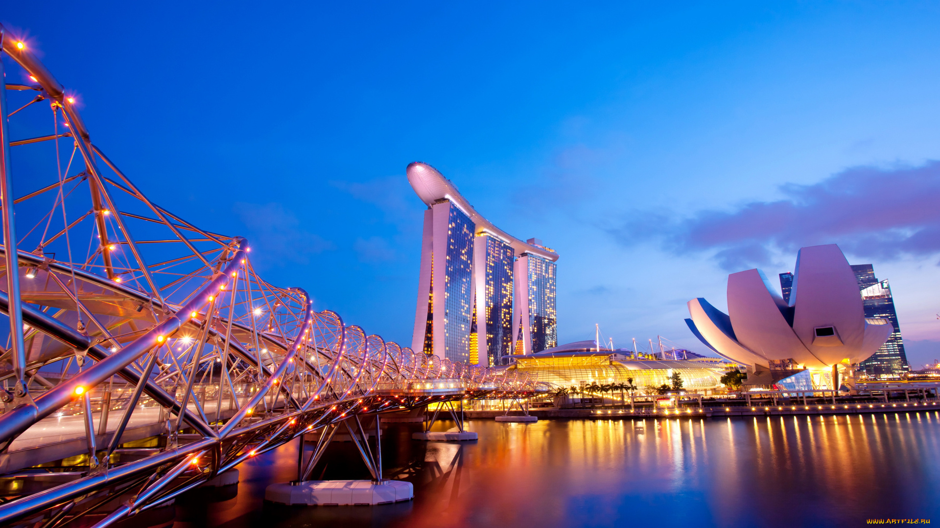 сингапур, города, сингапур, , ночь, огни, мост, дома, река