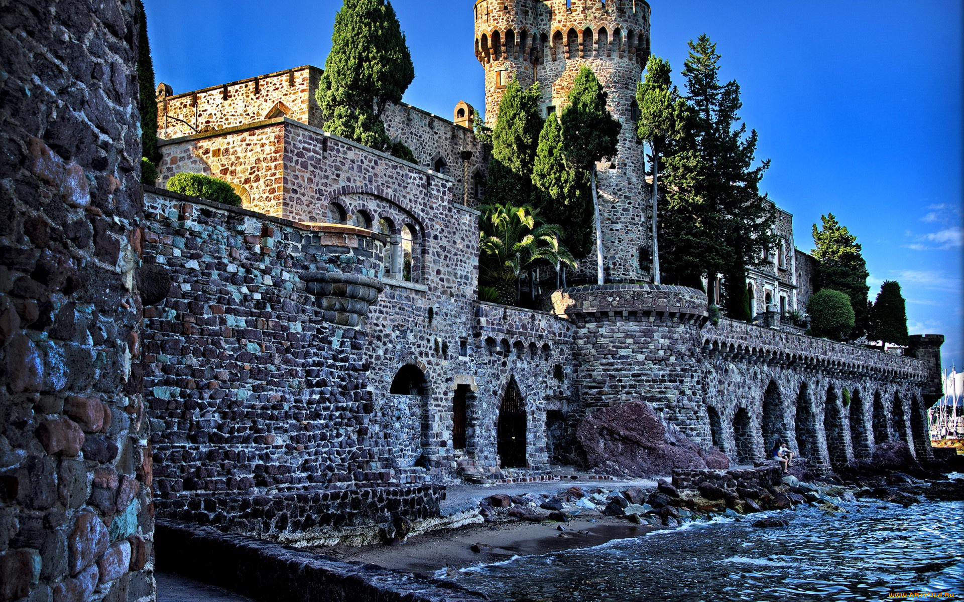 города, -, дворцы, , замки, , крепости, вода, камни, крепость, франция, деревья, chateau, de, la, napoule, стены, башня