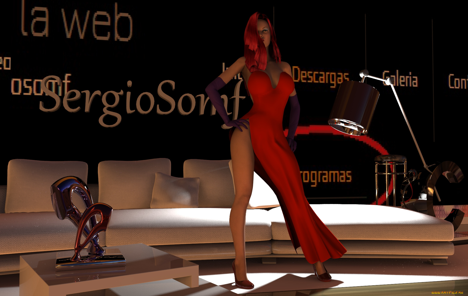 3д, графика, люди, , people, взгляд, платье, девушка, рыжая, фон