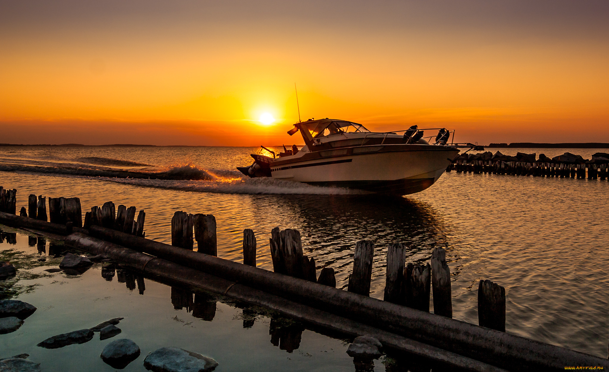 корабли, катера, закат, катер