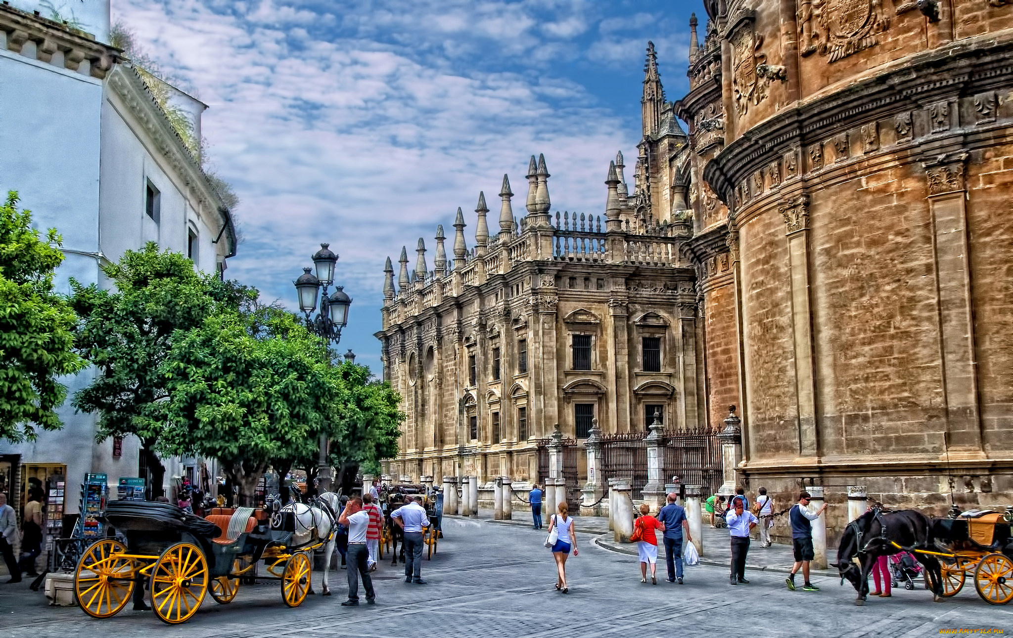 города, севилья, , испания, севилья, карета, люди, дома, мостовая