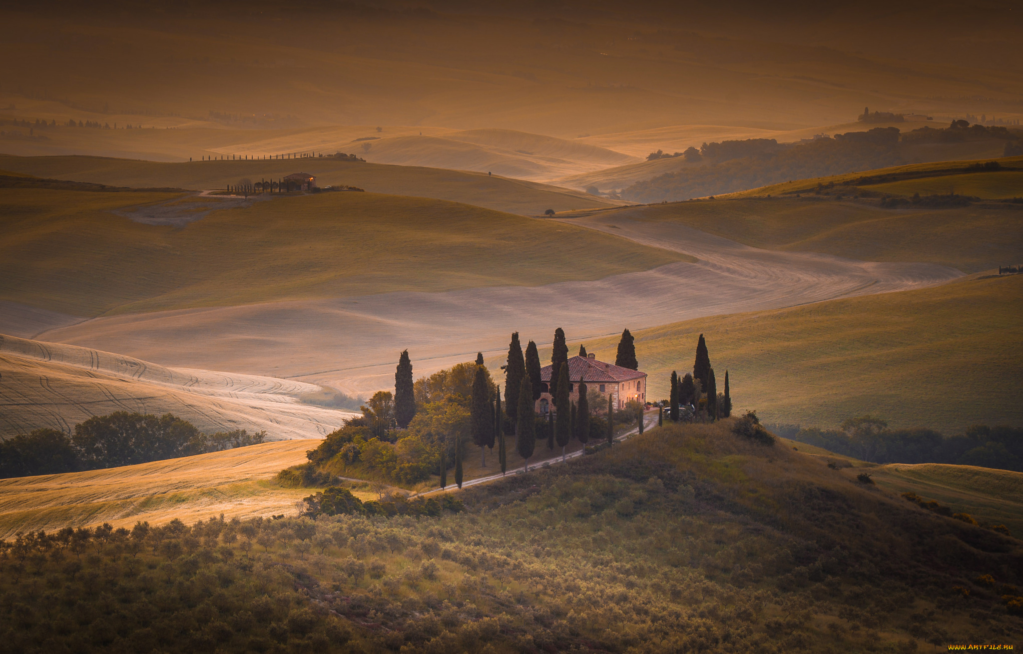 города, -, пейзажи, италия, дома, поля, утро, тоскана