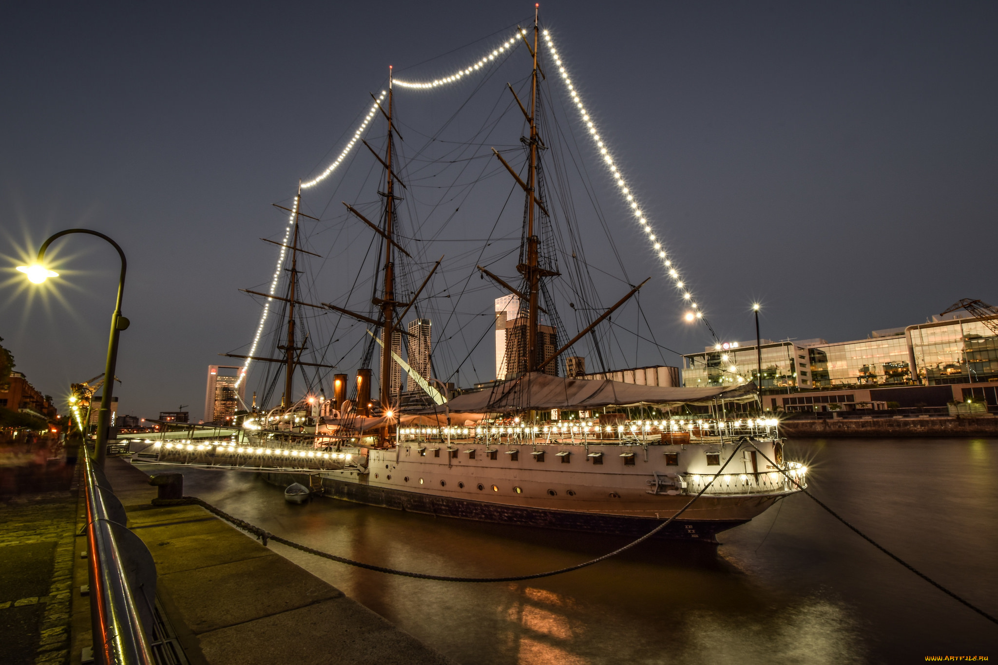 la, fragata, корабли, парусники, огни, мачты, ночь, причал